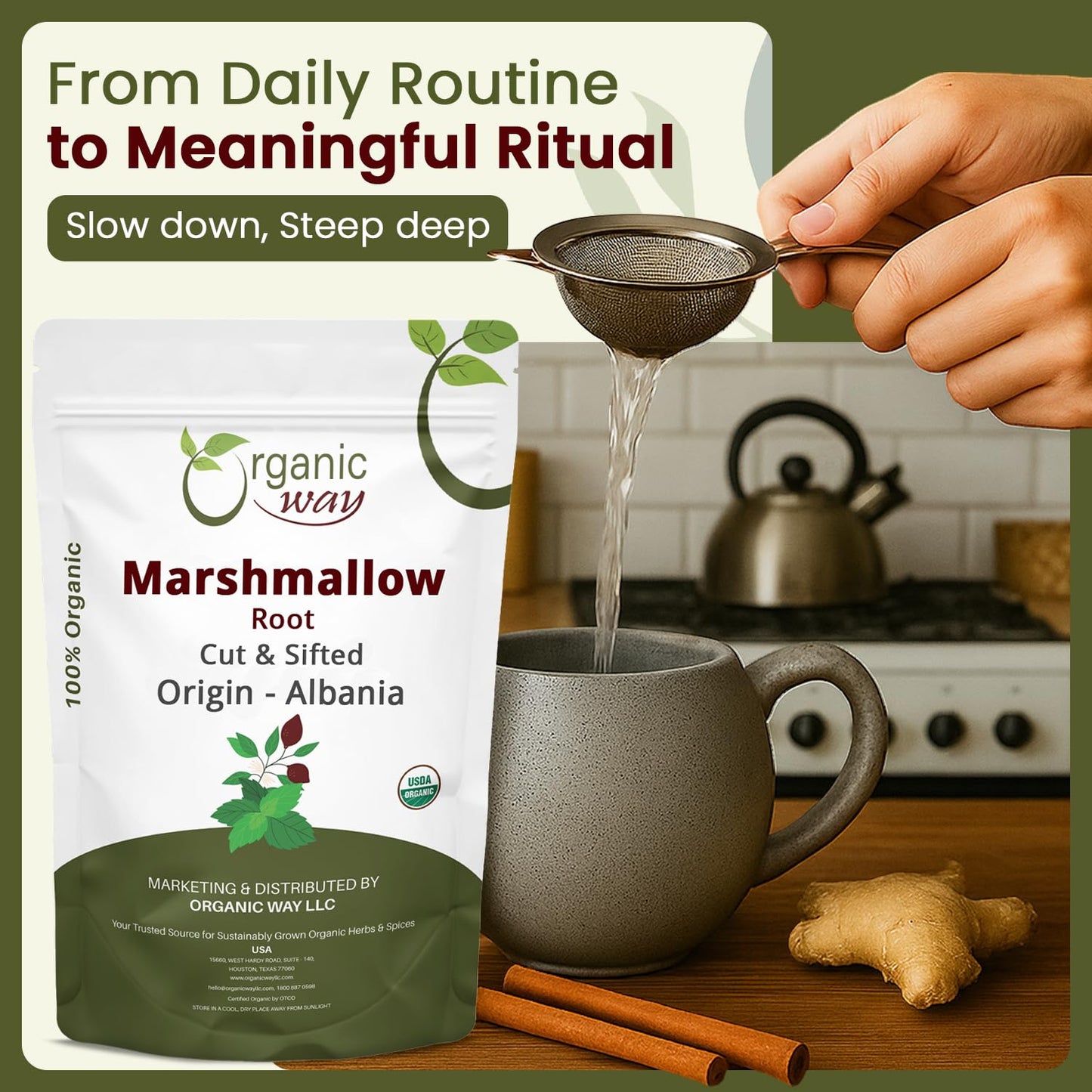 Organic Way Marshmallow Root | Herbal Tea (Althaea officinalis) Cut & Sifted - European Wild-Harvest | Organic & Kosher Certified | Non GMO & USDA