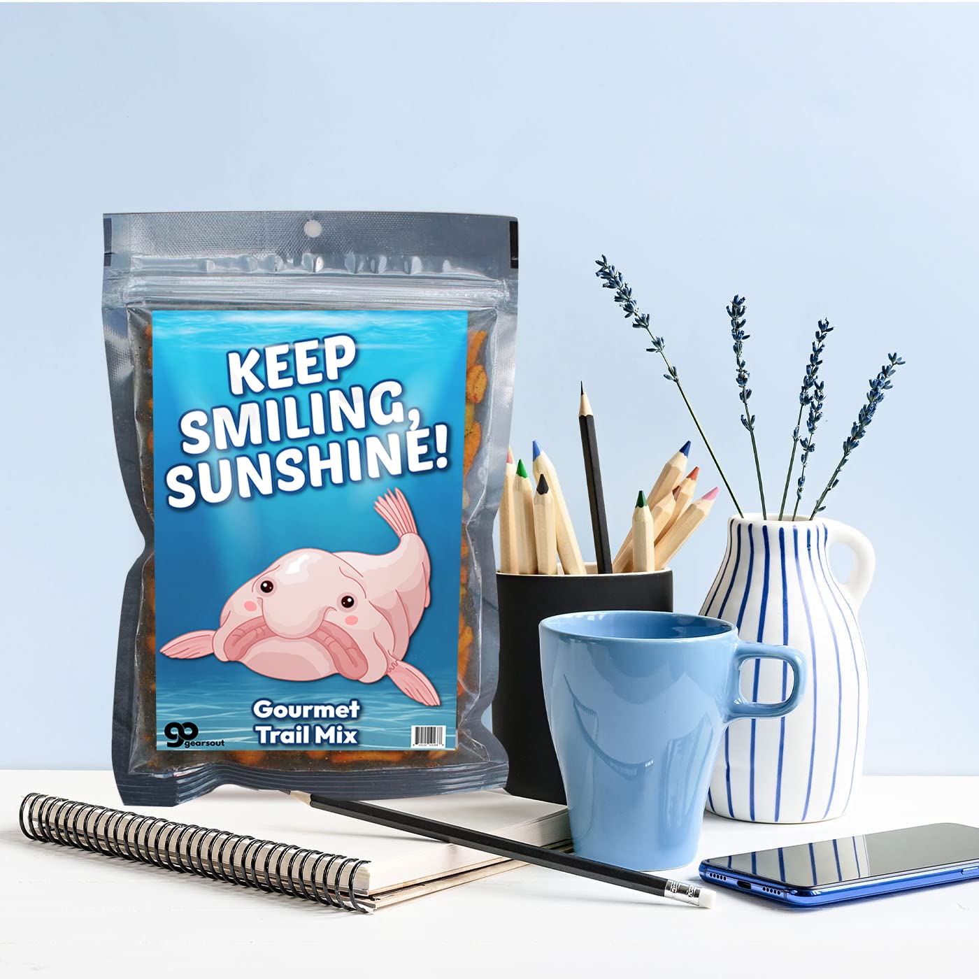 Keep Smiling Sunshine Trail Mix - Funny Gag Gift for Teens - Son and Daughter Gift - Unique Snack Gift Basket Ideas - Blobfish Encouragement Hang in