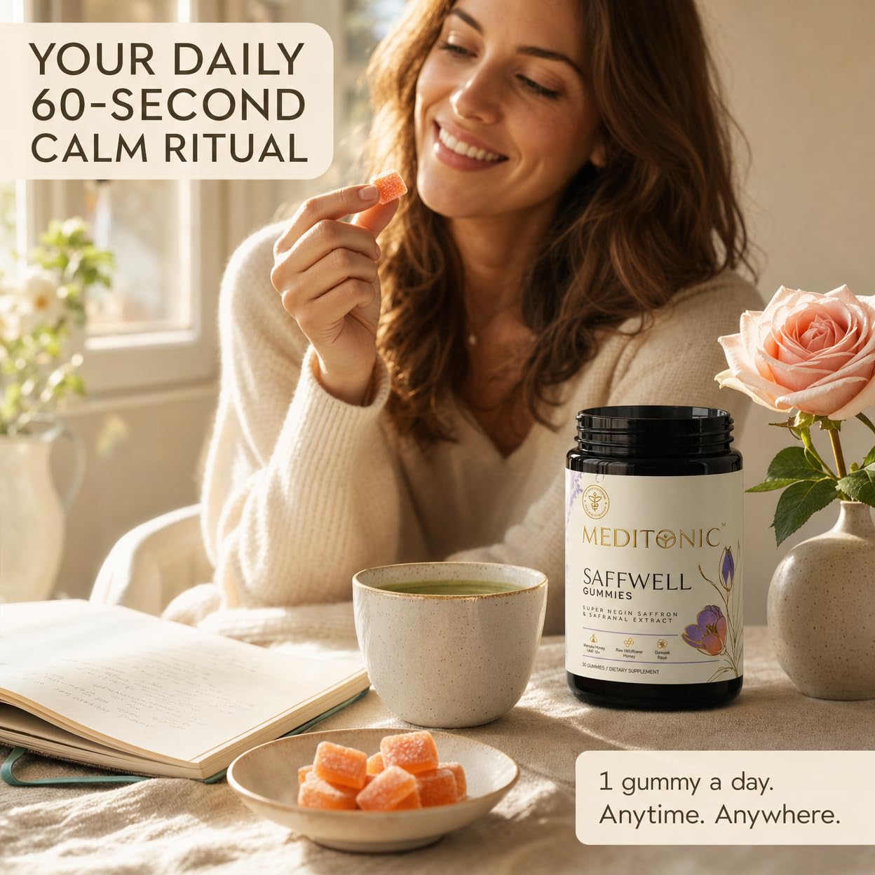 Meditonic® Saffron Gummies | No Added Sugars, Manuka Honey Sweet, Organic Rose Flavor | 33mg Safranal Extract + 2mg Full Spectrum Saffron | Doctor
