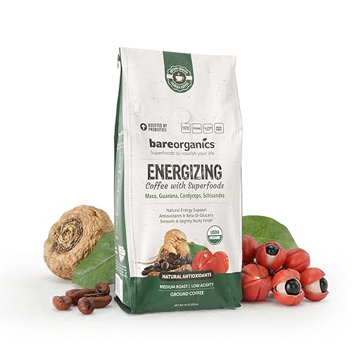 Energizing Artisan Ground Coffee with Superfoods, Medium Roast, Non-GMO & Gluten-free, Maca, Guarana, Cordyceps & Schisandra - 10 oz