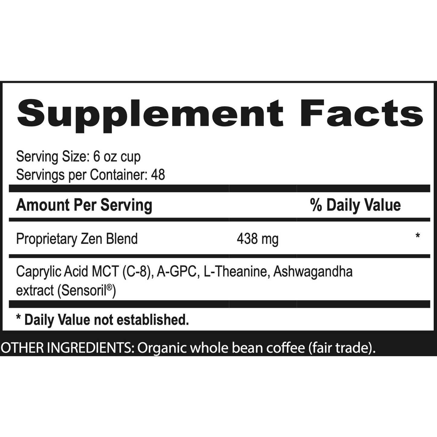 Brain Bean Zen-Blend Organic Coffee Whole Bean with Caprylic Acid MCT (C-8), A-GPC, L-Theanine & Ashwagandha Extract - Premium Grade Organic Coffee