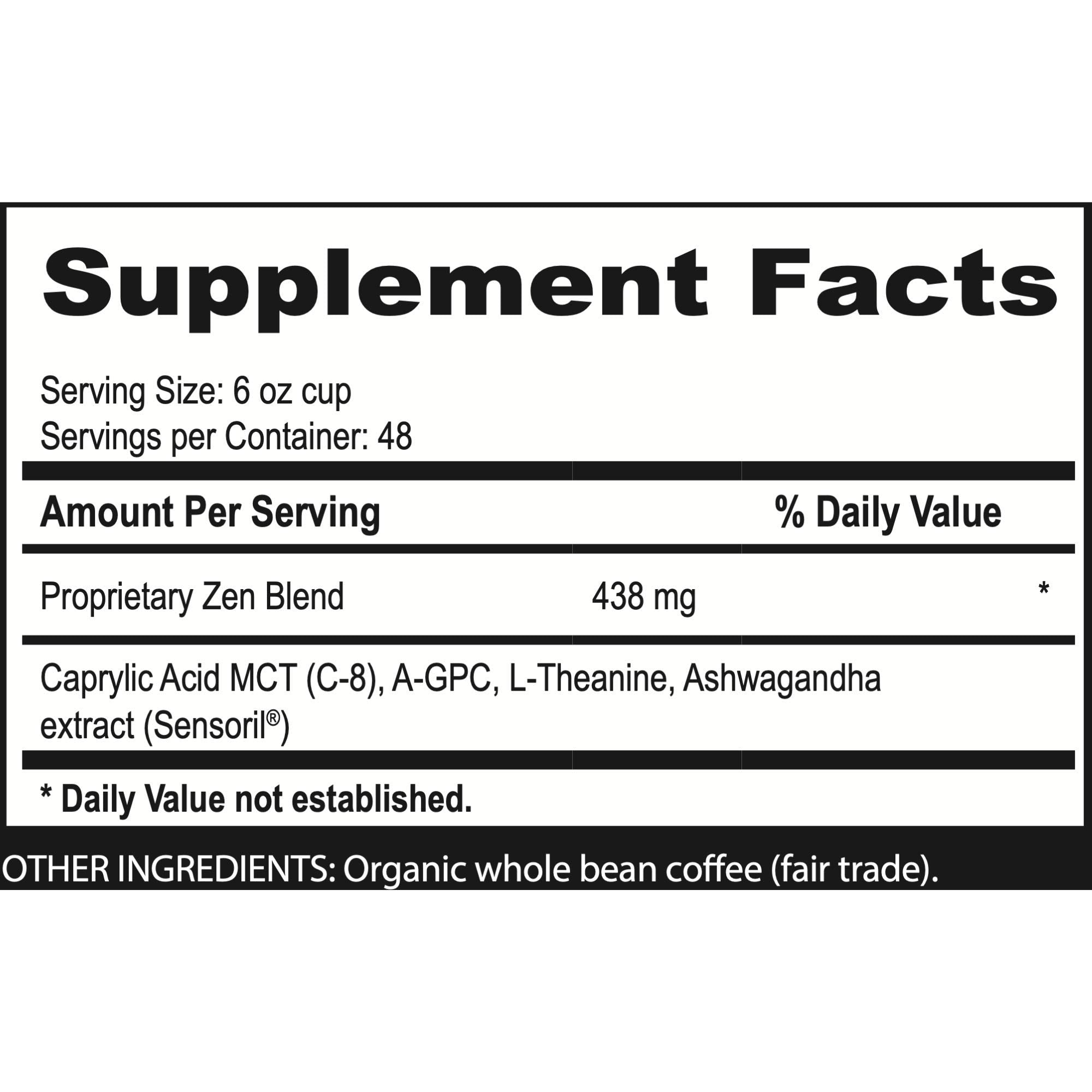 Brain Bean Zen-Blend Organic Coffee Whole Bean with Caprylic Acid MCT (C-8), A-GPC, L-Theanine & Ashwagandha Extract - Premium Grade Organic Coffee
