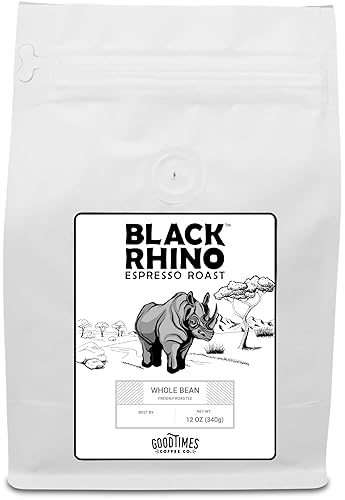 Good Times Coffee Co. Black Rhino Arabica Coffee Espresso Dark Roast, Whole Bean, Small Batch Artisan, 12 Ounce (Pack of 1)