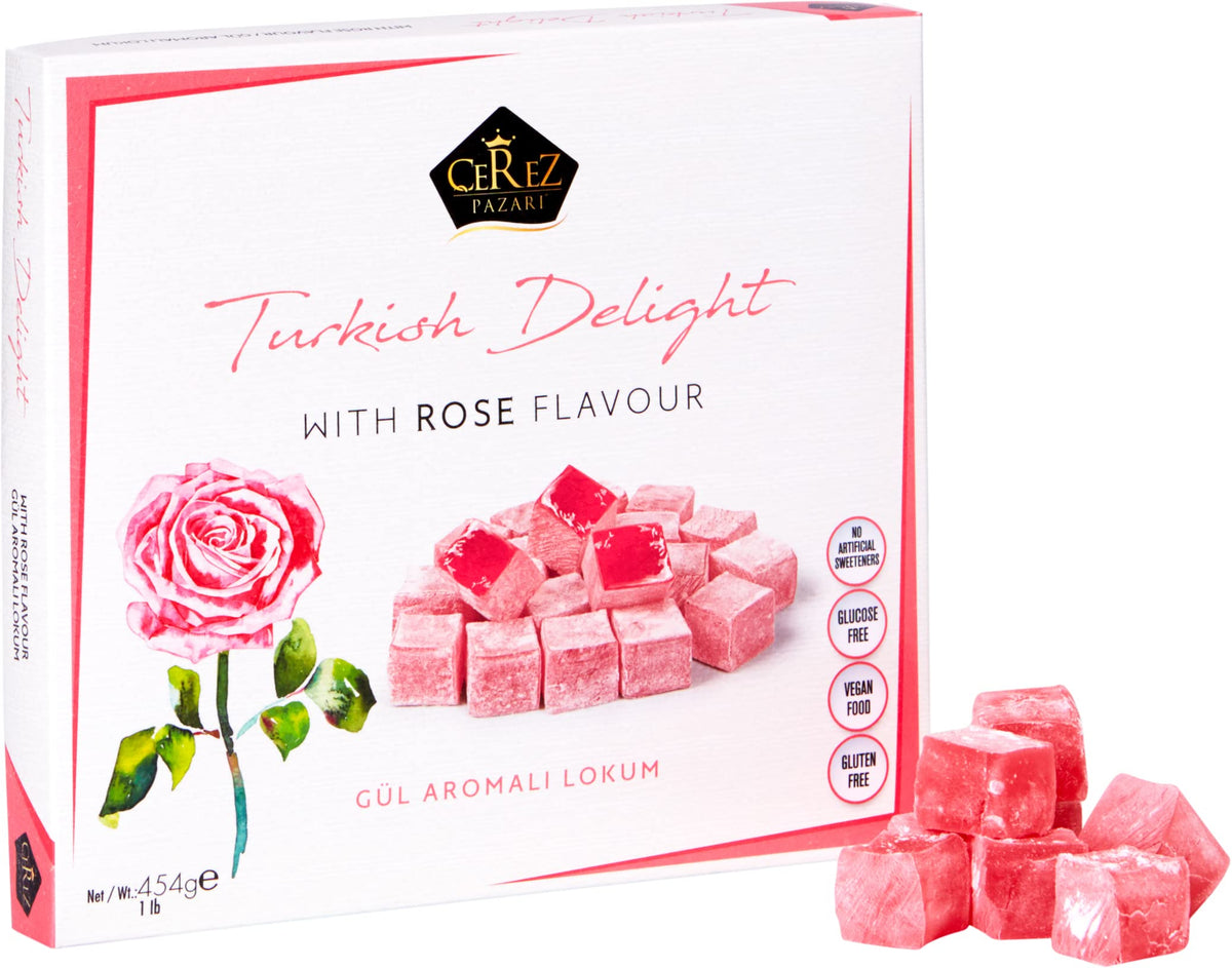 Turkish Delight with Rose Flavor 454gr Gourmet Medium Size Snacks Gift Box | No Nuts Sweet Luxury Traditional Confectionery Vegan Soft Candy Dessert
