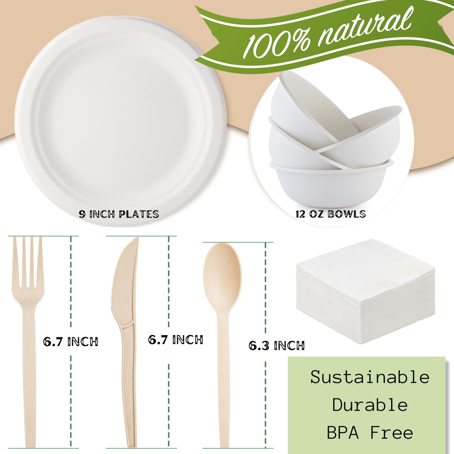 RESTYLIFE 300pcs Compostable Paper Plates Set - Heavy-Duty Biodegradable Plates, Bowls & Cutlery - Ideal for Parties, Weddings, Picnics, Camping
