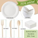 RESTYLIFE 300pcs Compostable Paper Plates Set - Heavy-Duty Biodegradable Plates, Bowls & Cutlery - Ideal for Parties, Weddings, Picnics, Camping