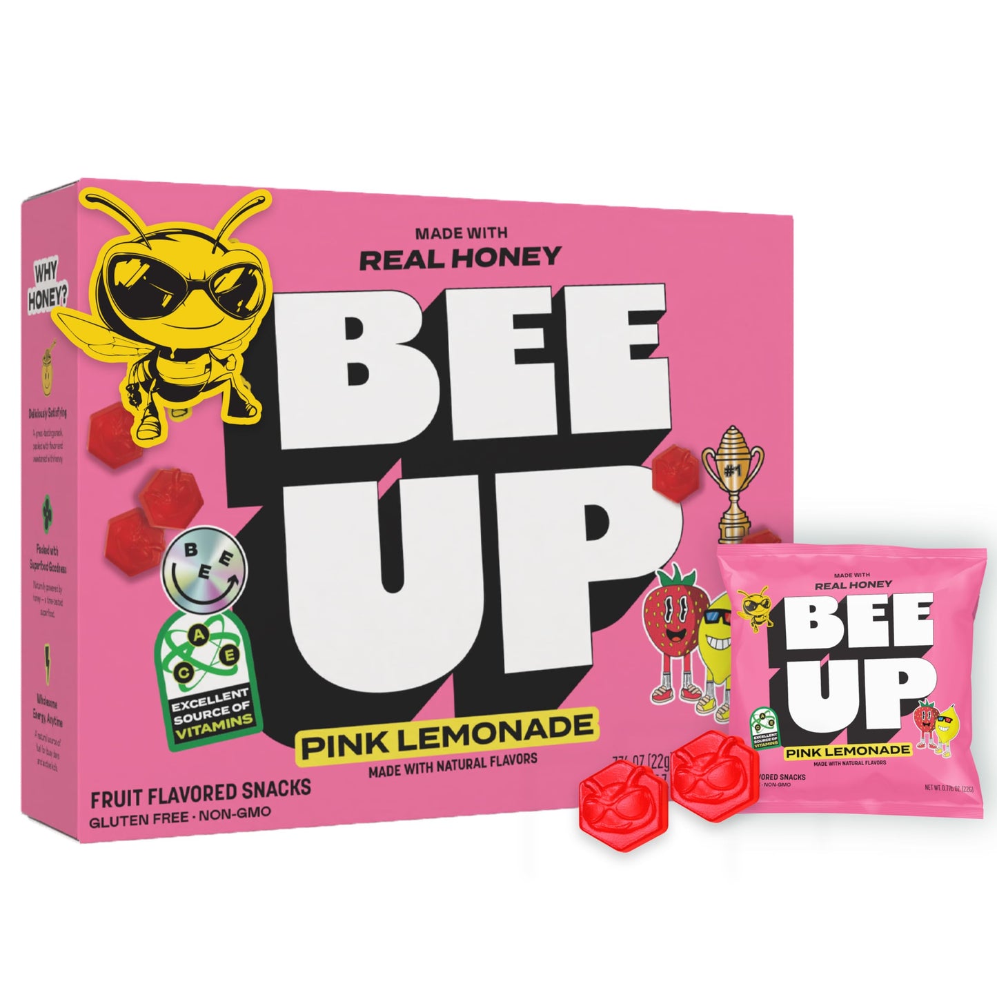 BEEUP Honey Fruit Snacks - With a Teaspoon of Honey in Every Pouch - Dye Free, No Corn Syrup - Individually Wrapped Fruit Snack Packs for School