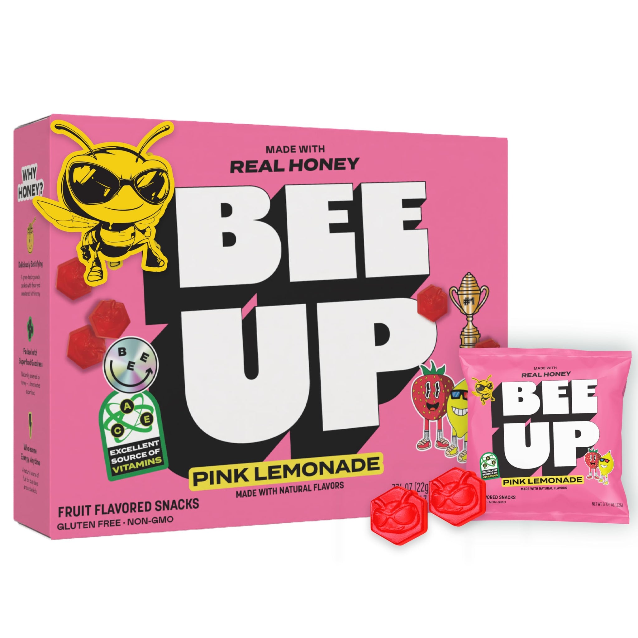 BEEUP Honey Fruit Snacks - With a Teaspoon of Honey in Every Pouch - Dye Free, No Corn Syrup - Individually Wrapped Fruit Snack Packs for School