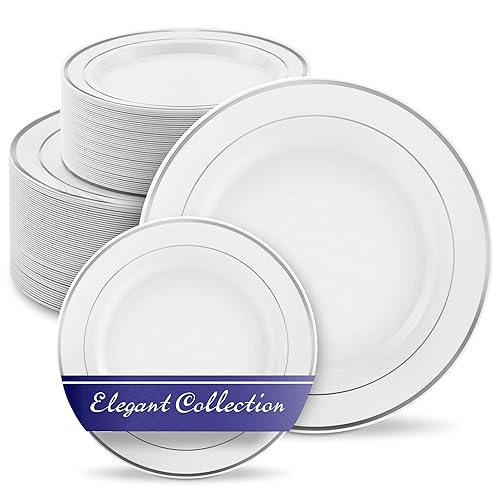 Dinner and Dessert Plates Set Disposable - 200 Pieces (10" + 7") Elegant White and Silver Plastic Plates for Party and Wedding - Heavy Duty