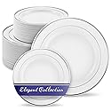 Dinner and Dessert Plates Set Disposable - 200 Pieces (10" + 7") Elegant White and Silver Plastic Plates for Party and Wedding - Heavy Duty