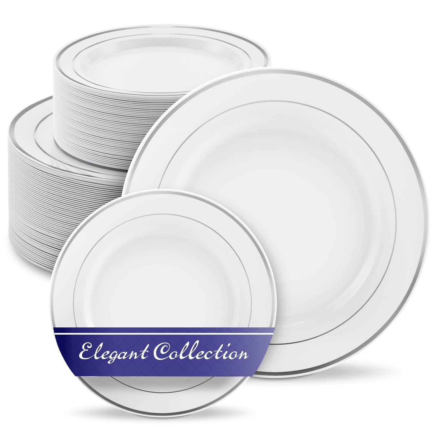 Dinner and Dessert Plates Set Disposable - 200 Pieces (10" + 7") Elegant White and Silver Plastic Plates for Party and Wedding - Heavy Duty