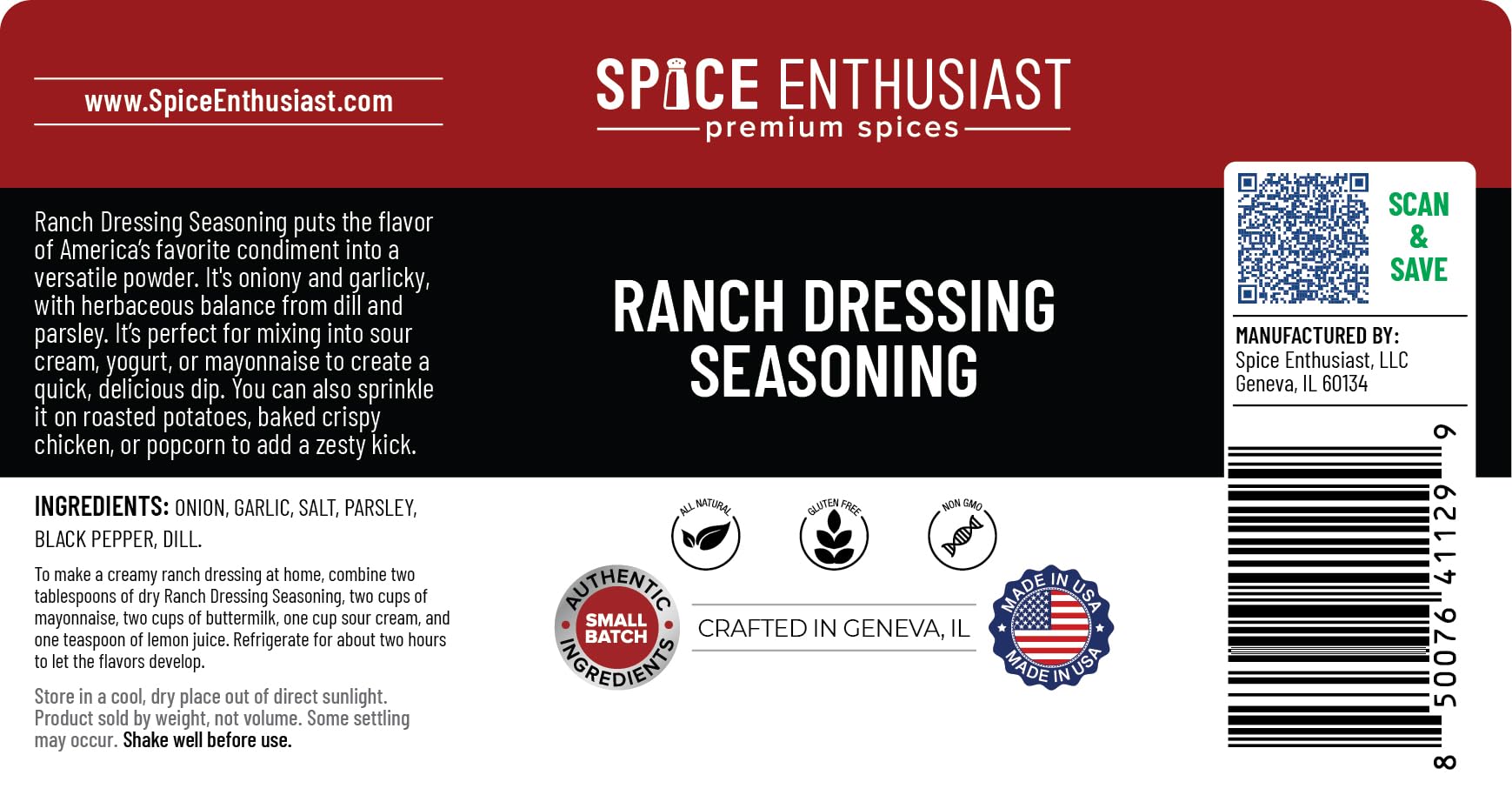 Spice Enthusiast Ranch Dressing Seasoning - 4 oz
