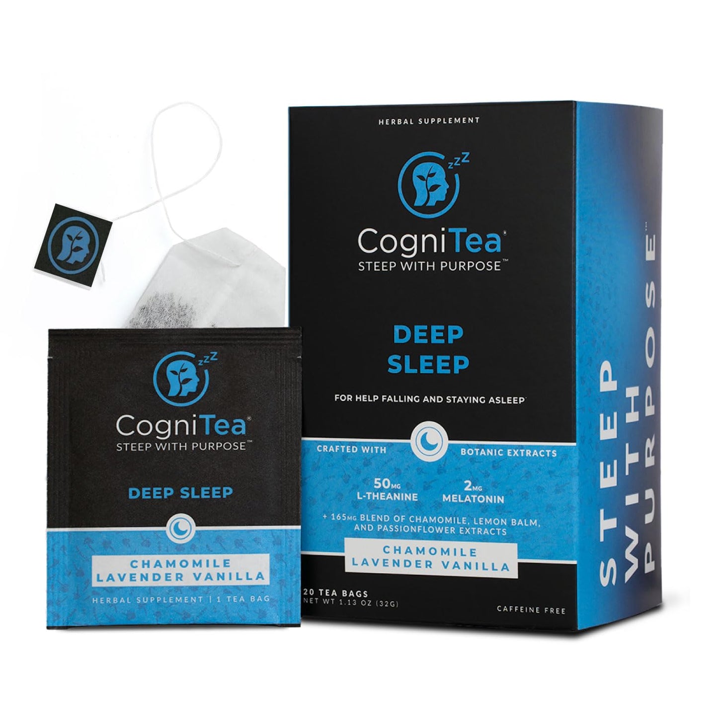 CogniTea Deep Sleep Tea 2mg Melatonin and 50mg L-Theanine for Deep Sleep with Valerian, Chamomile, Lemon Balm and Passion flower Extra Strength Sleepy
