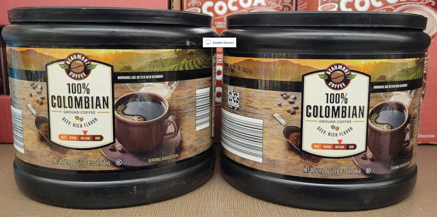 Beaumont Coffee 100% Colombian Ground Med-Dark Coffee Deep Rich Flavor 24.2oz 686g (Two Jars)