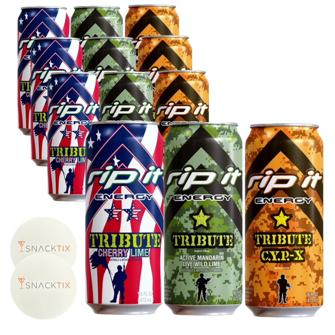 Rip It Energy Drink Variety Pack - 12 Cans of 16 fl oz Each - Assorted Flavors for an Energy Rush - with Snacktix Coaster Included (TRIBUTE)