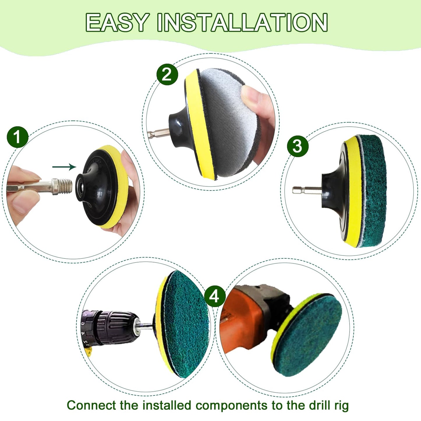 4 Inch Drill Brush Attachments for Cleaning Household Drill Brush Scrubber for Bathroom & Kitchen with Disc Pad Holder and Adapter?9 Scouring Pads?3
