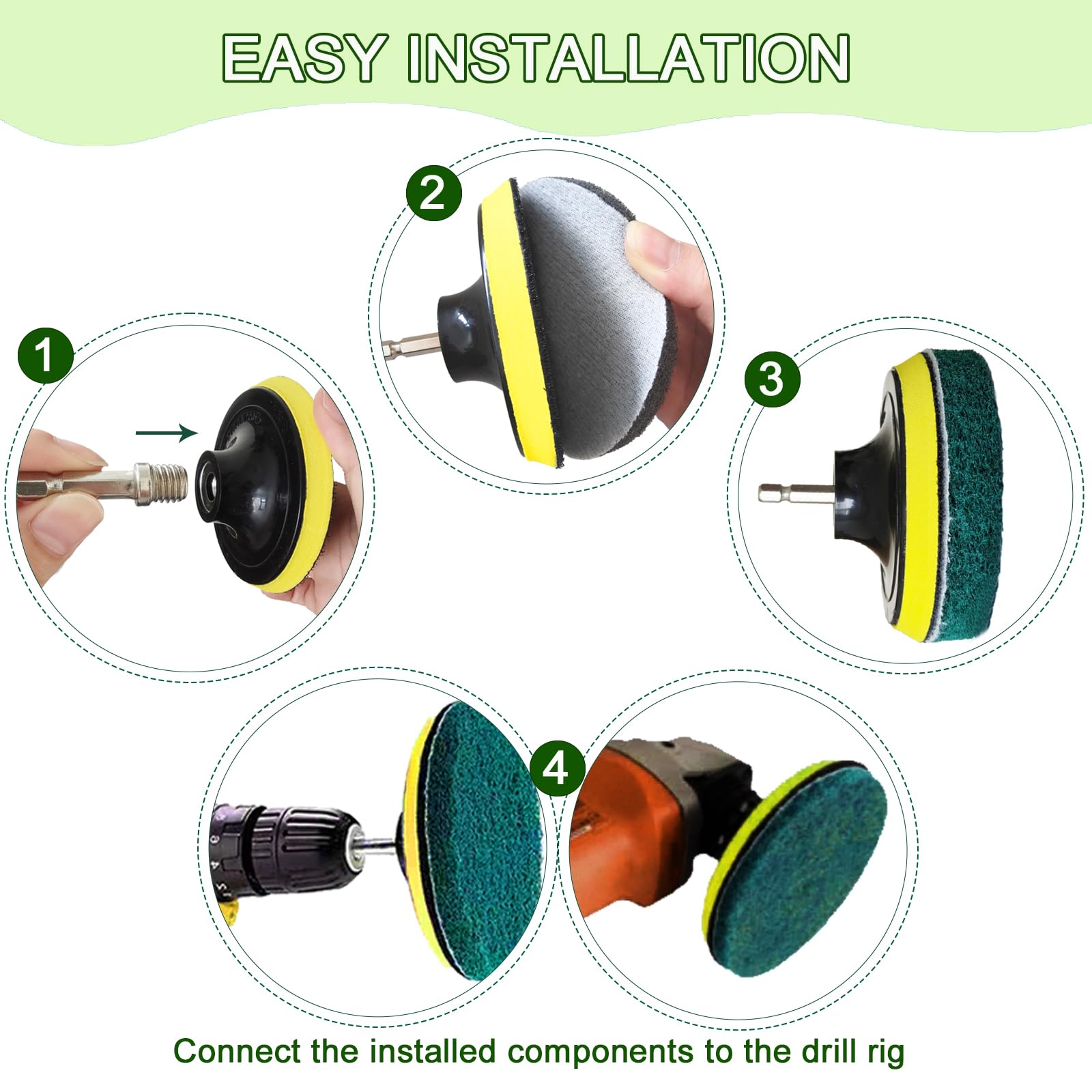 4 Inch Drill Brush Attachments for Cleaning Household Drill Brush Scrubber for Bathroom & Kitchen with Disc Pad Holder and Adapter?9 Scouring Pads?3