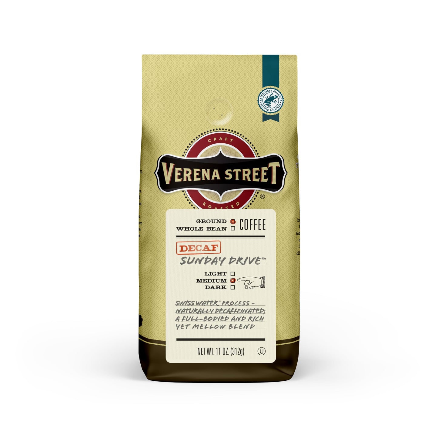 Verena Street 11 Ounce Ground, Swiss Water Process Decaf Coffee, Sunday Drive Decaffeinated, Medium Roast Rainforest Alliance Certified Arabica Coffee