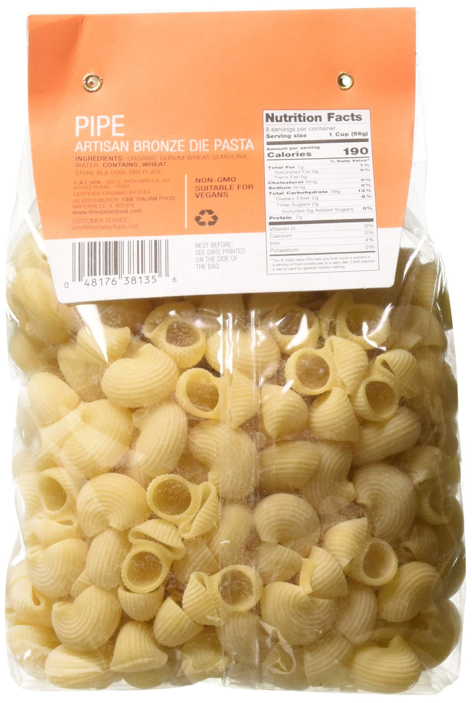 Compagnia Sanremo Italian Organic Pipe Pasta - 100% Durum Wheat Semolina Pipe - 16 Ounce (Pack Of 4) - Product Of Italy