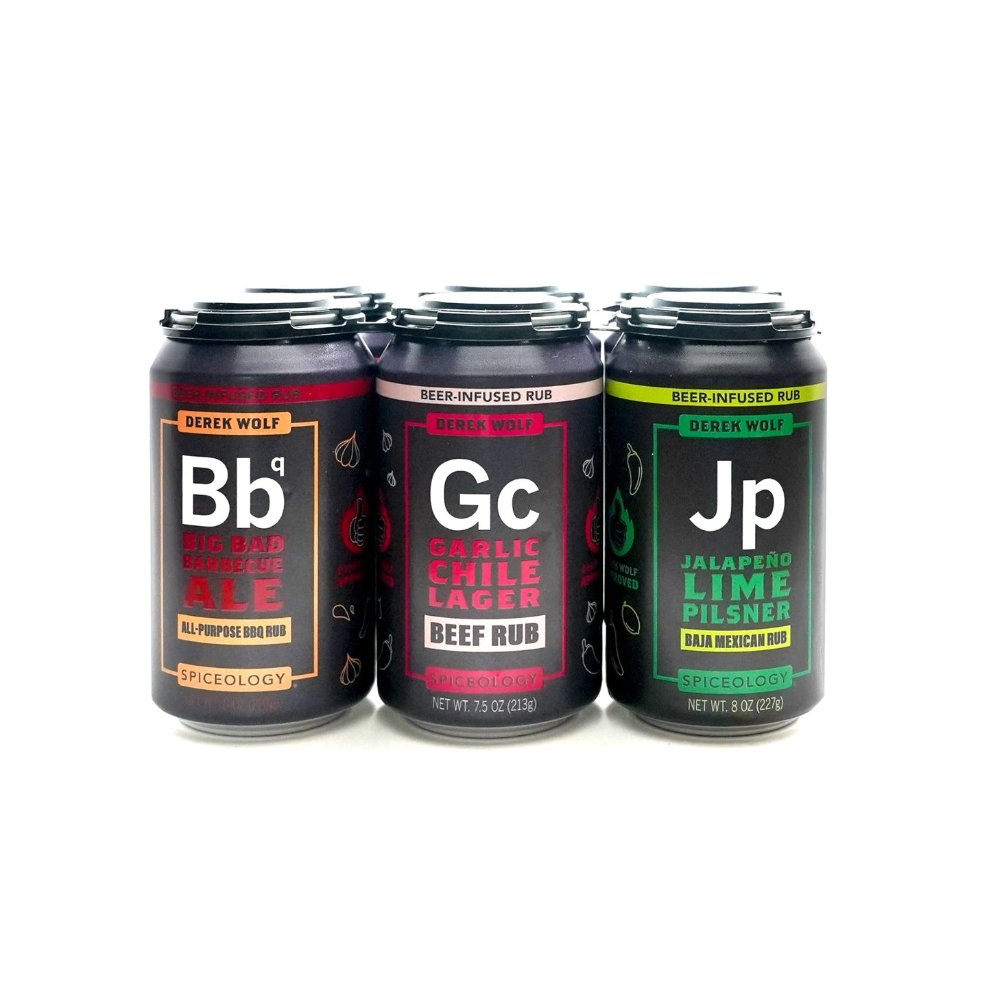 Spiceology - Derek Wolf 6-Pack Beer-Infused BBQ Rub Set - Garlic Chile Lager, Jalapeño Lime Pilsner, Sweet Carolina Blonde, Sticky Bourbon Brown Ale