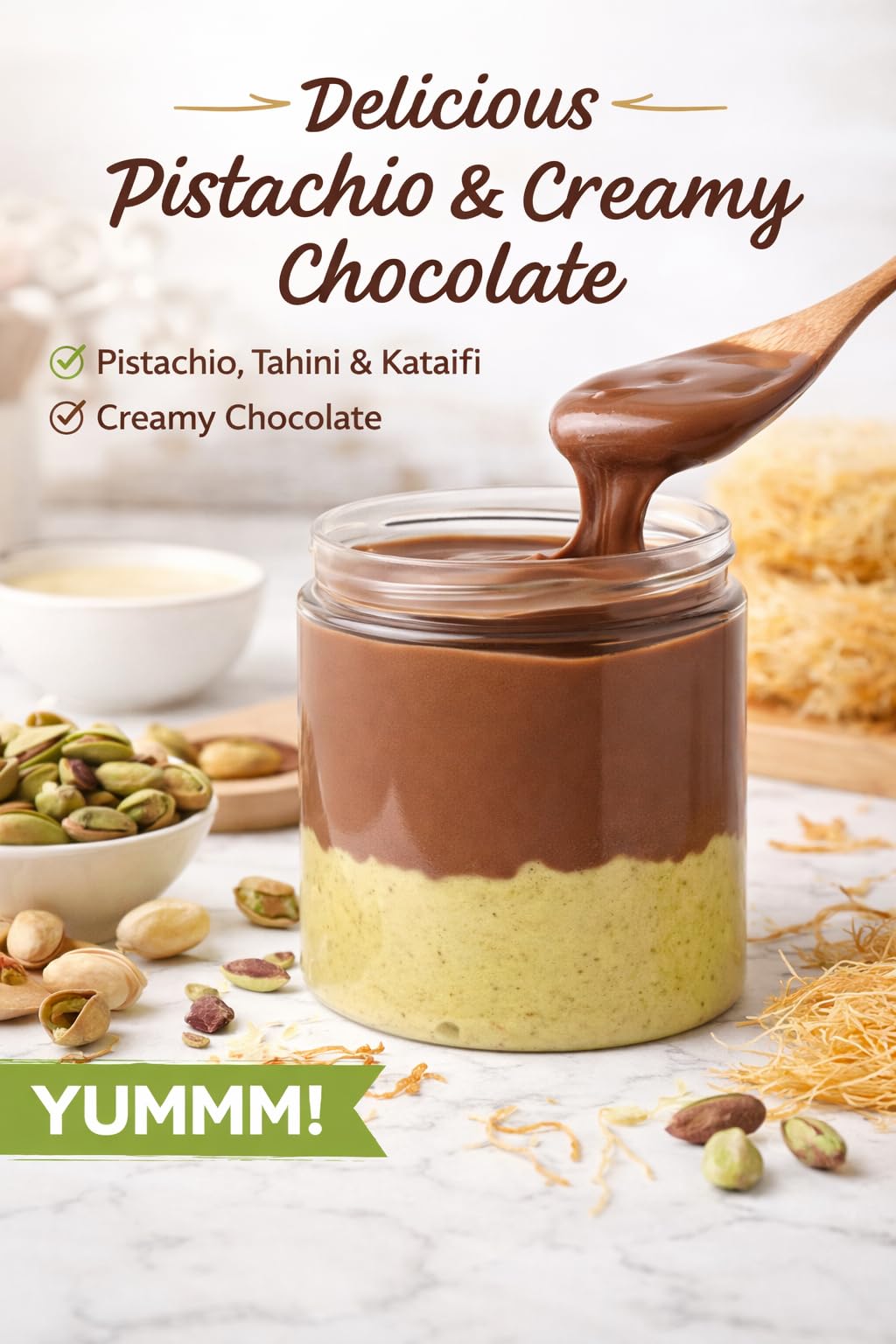 Dubai Chocolate Jar - 5.2 oz - Chocolate Kataifi Pistachio Cream with Tahini - Dubai Chocolate Bar Spread for Waffles & Pancakes, Desserts, & Gourmet