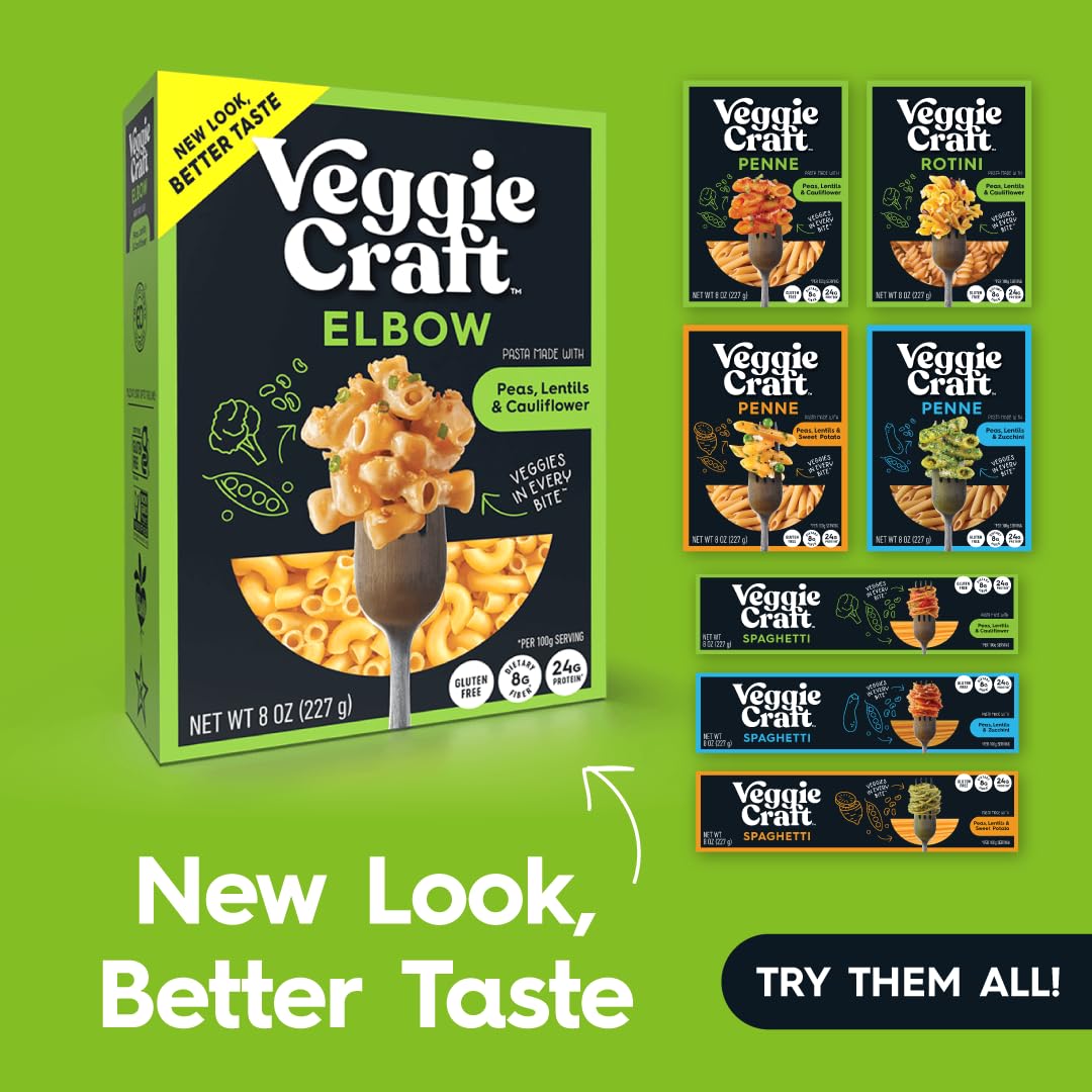 Veggiecraft Farms Elbow Pasta - NEW IMPROVED RECIPE - Protein Cauliflower Pasta with Lentils and Peas, High Protein Macaroni Noodles, Low-Carb