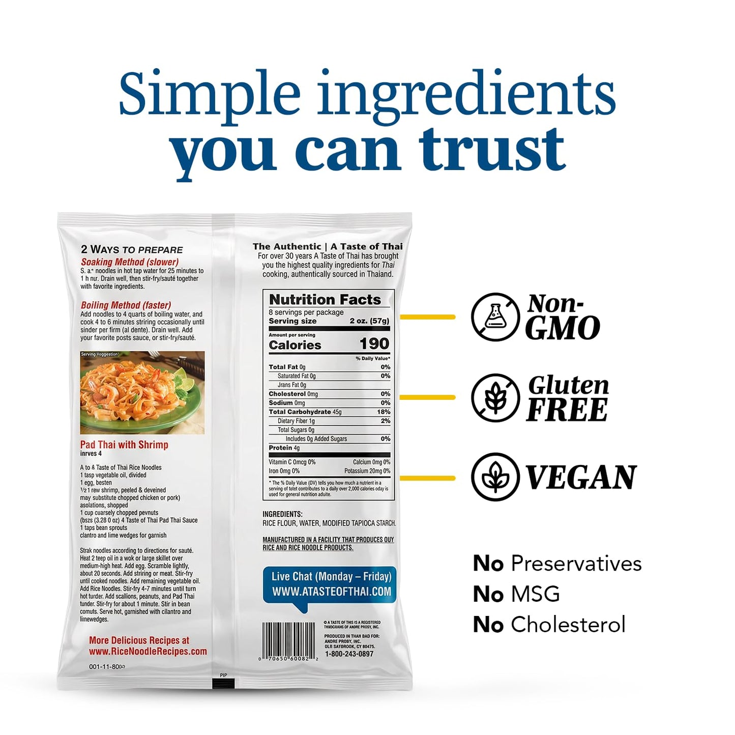 A Taste of Thai Linguine Rice Noodles | Restaurant-Quality Thai Flavor in Minutes | Vegan, Gluten-Free, Wheat Free, Non-GMO| Perfect for Stir-Fries