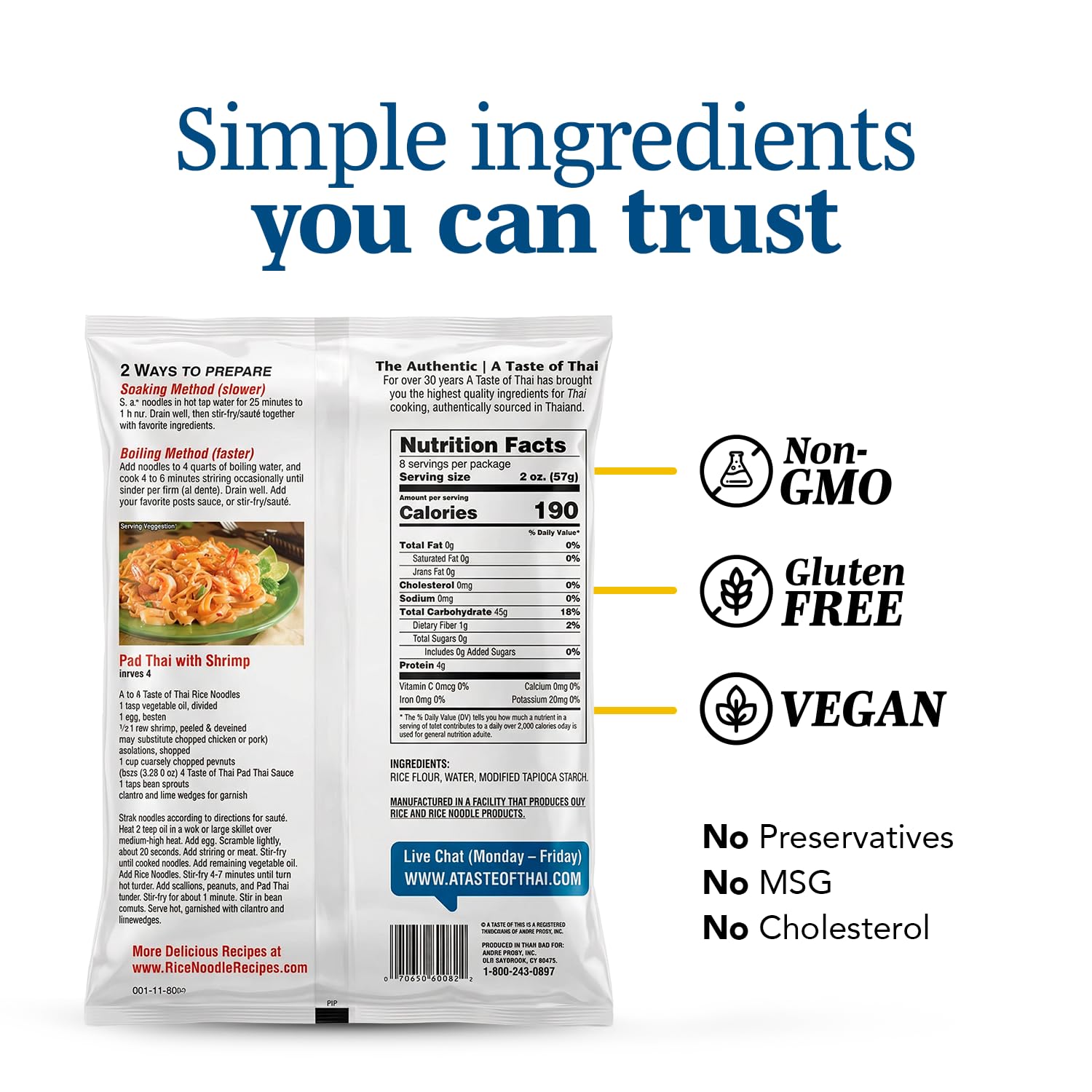 A Taste of Thai Linguine Rice Noodles | Restaurant-Quality Thai Flavor in Minutes | Vegan, Gluten-Free, Wheat Free, Non-GMO| Perfect for Stir-Fries