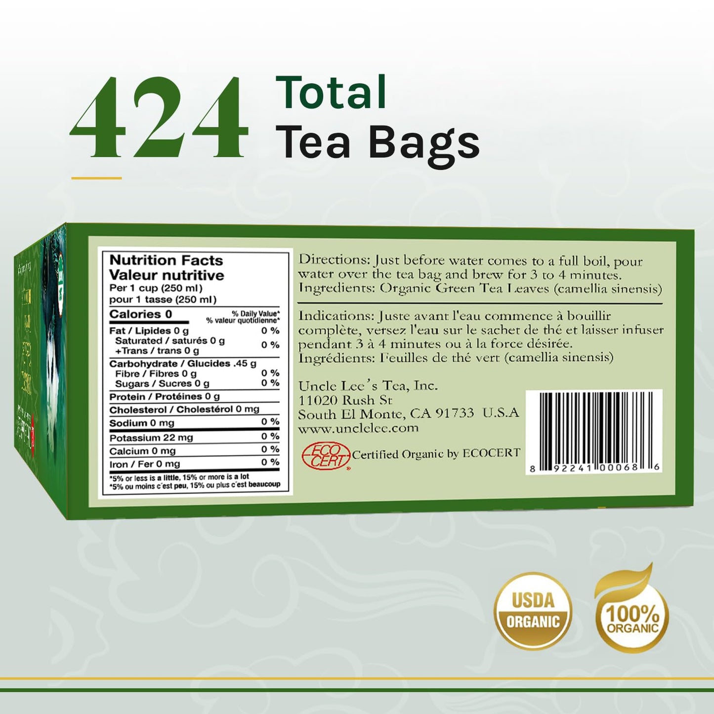 Uncle Lee's Organic Green Tea Bags 4-Pack, 106-Count Super Packs - Bright & Refreshing, Lightly Caffeinated Bulk Tea for Home, Office, Camping