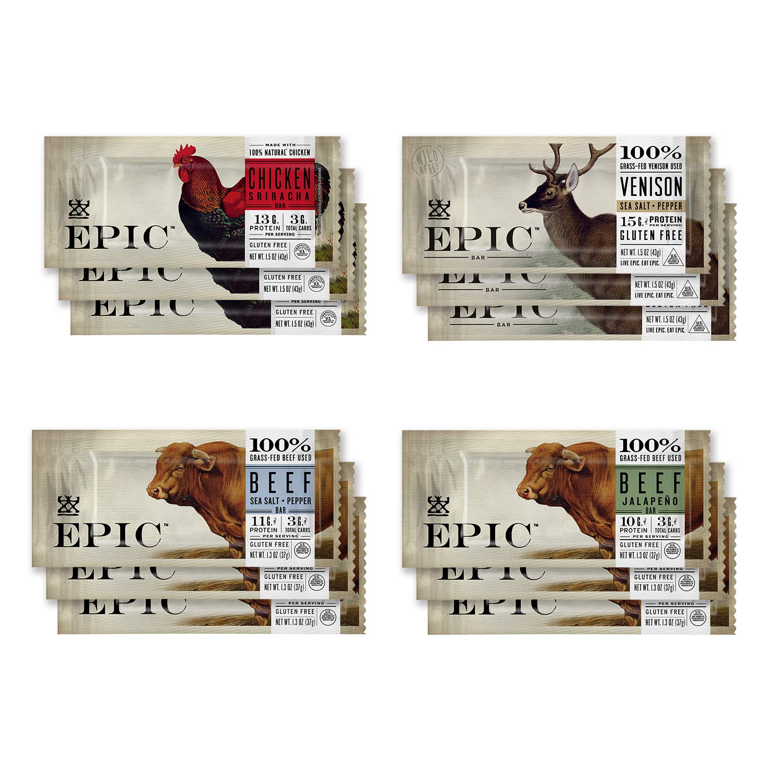 EPIC Bars, Variety Pack (Chicken, Beef, Venison), Keto-Friendly, 12 ct