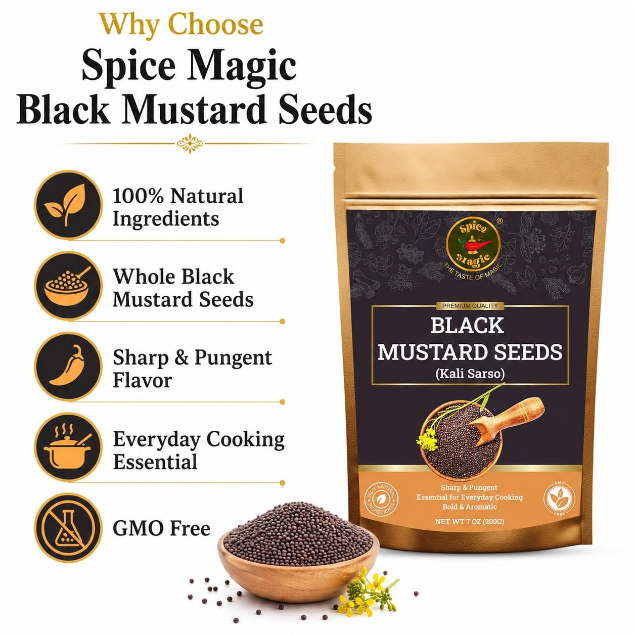 Spice Magic Black Mustard Seed ~ 100% Pure, Aromatic & Natural | 7oz (200g) I Kali Rai | Non-GMO | Indian Origin