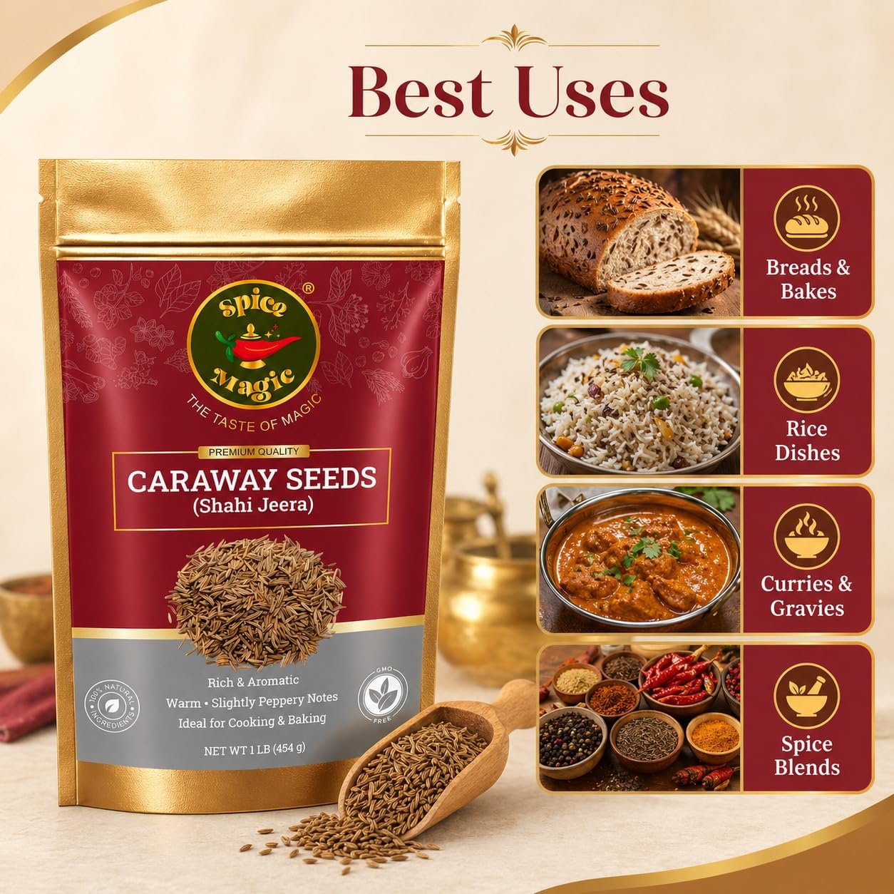 Spice Magic Caraway Seeds 1 lb (454 g) | 100% Natural, Non-GMO, Vegan | Fresh & Aromatic Spice for Pickles, Sauces, Rye Bread Baking, Cooking