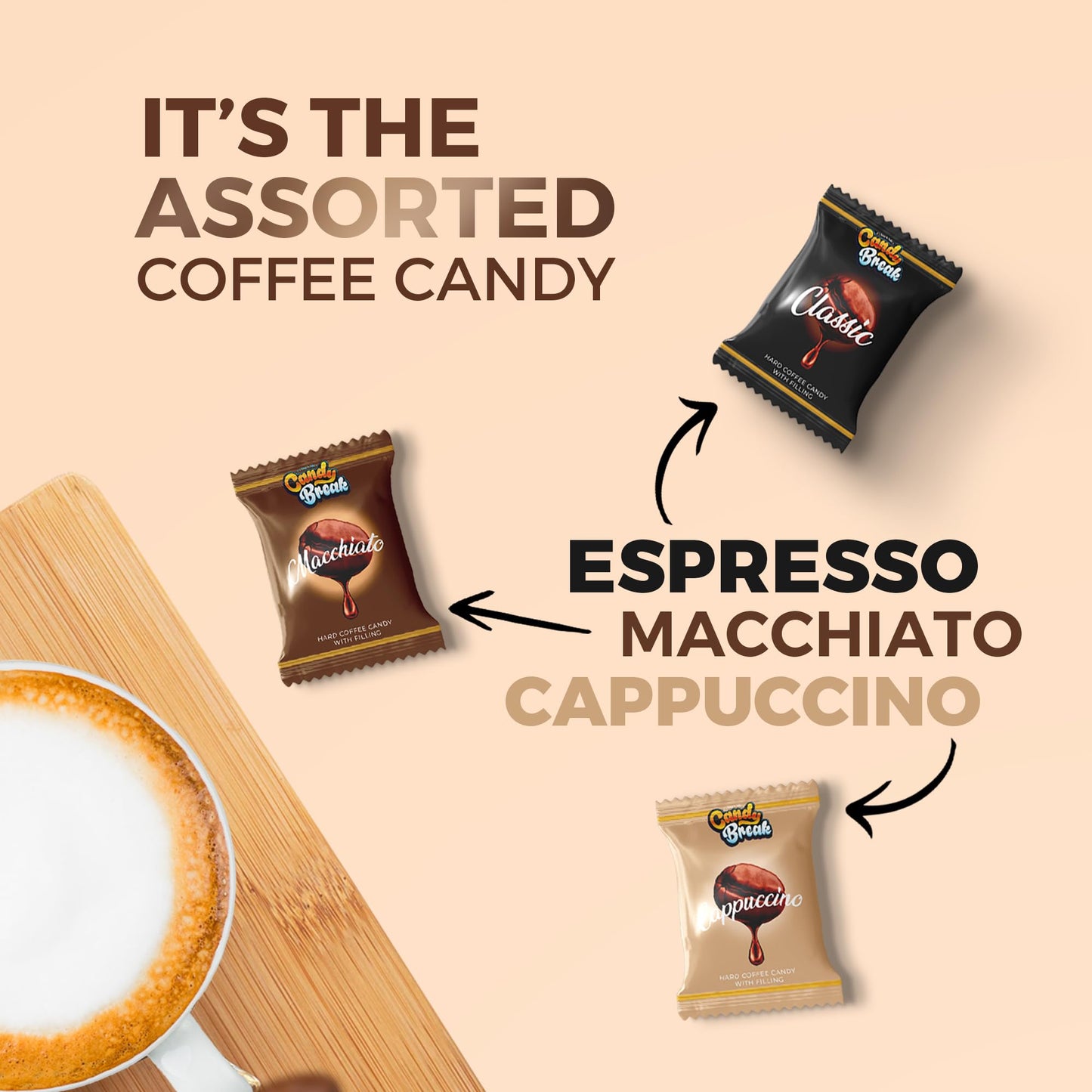 Candy Break Coffee Drops, Center-Filled Hard Candy | Espresso, Macchiato & Cappuccino Flavors | Individually Wrapped Caffeinated Candy | 2.2 lb Bulk