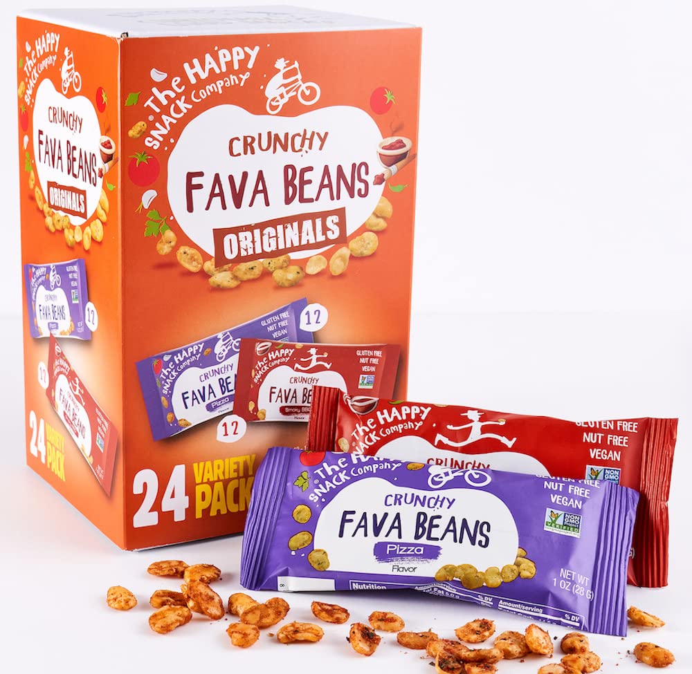 The Happy Snack Company Fava Beans Variety Pack 24 x 1 oz (Smoky BBQ Flavor and Pizza Flavor). High Fiber Vegan Protein Snacks for Adults and Kids