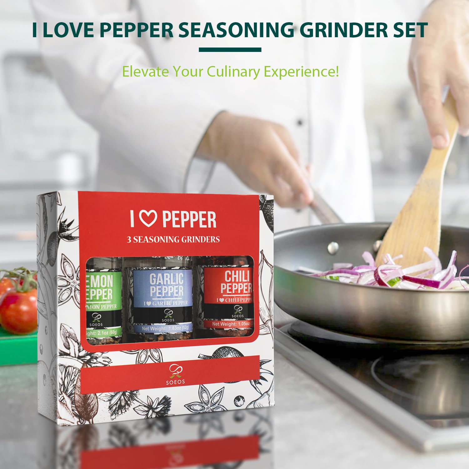 Soeos Spice Seasoning Set of 3, 4.98 oz(142 g), with Integrated Grinders, Salt and Pepper Grinder Set, Spicy Garlic, Garlic & Herbs, BBQ Seasoning