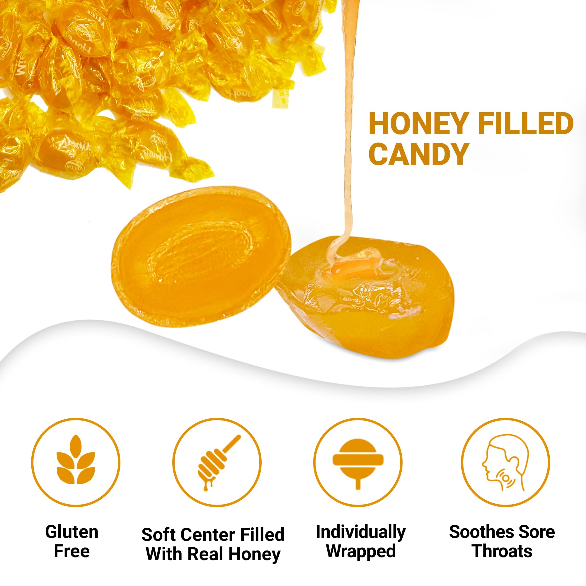 Honey Filled Hard Candy - Individually Wrapped Honey Hard Candy - 1 Pound Bulk Bag (Approx. 90 Pieces) - Soft Honey Center