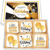 Happy Birthday Cookies 6 PACK Gift Basket Gold for Men Women Kids | Gourmet Decorated Sugar Cookie Gift Box | Individually Wrapped Nut-Free