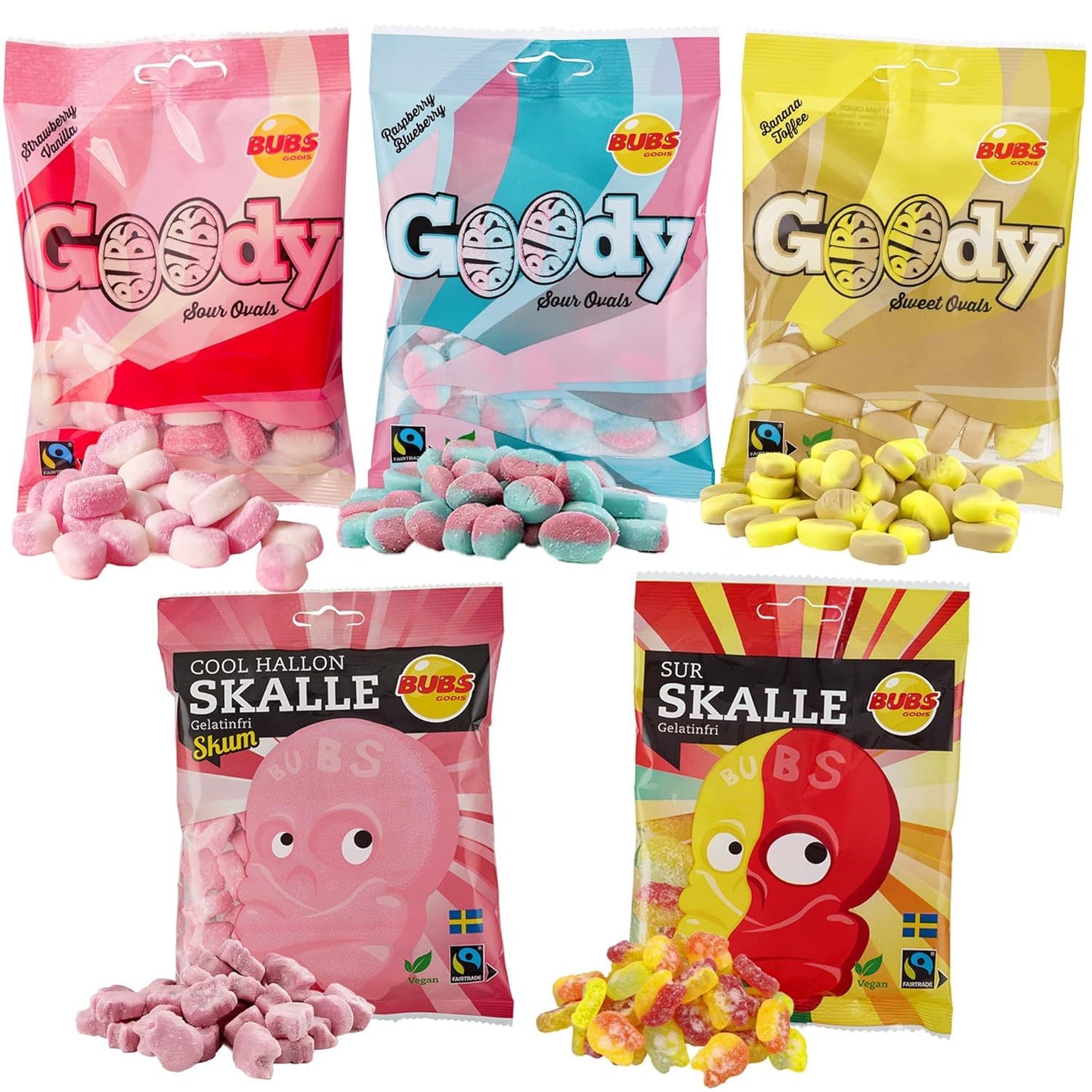 BUBS Swedish Candy 5-Pack Variety - Vegan Foam Candy Mix - Blueberry, Strawberry Vanilla, Banana Toffee, Raspberry Skulls & Sour Skulls - Five 90g