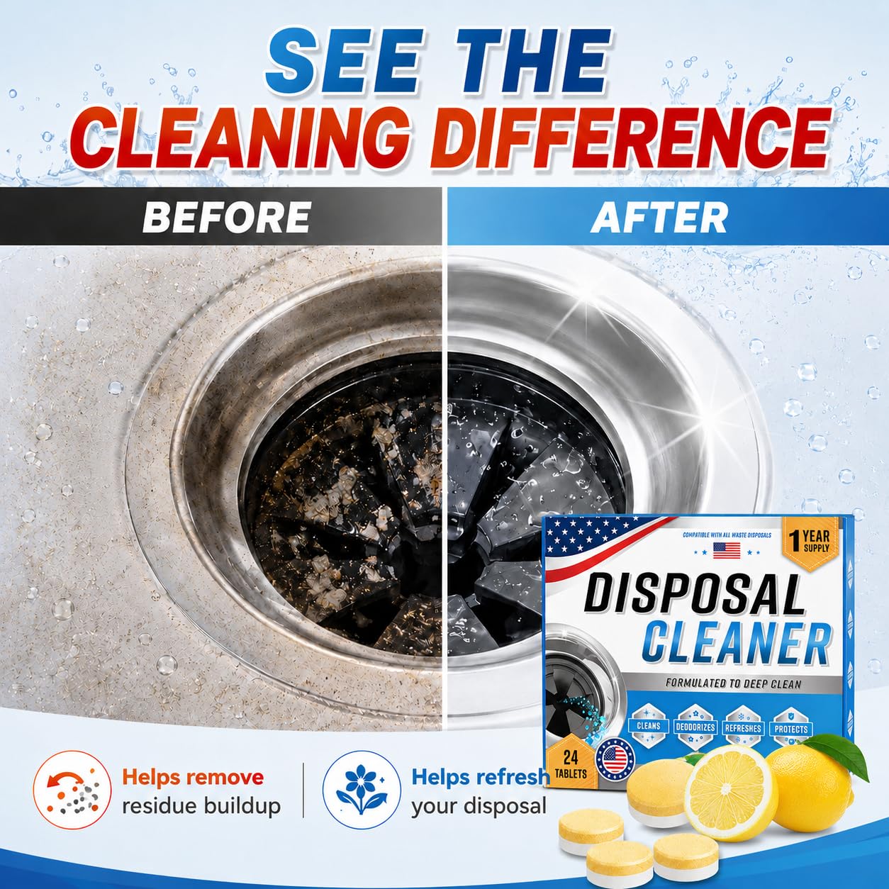 Garbage Disposal Cleaner Deodorizer Tablets, 24 Pack Foaming Disposal Cleaner Tablets, Sink Disposal Cleaner Garbage Disposal Freshener, Citrus