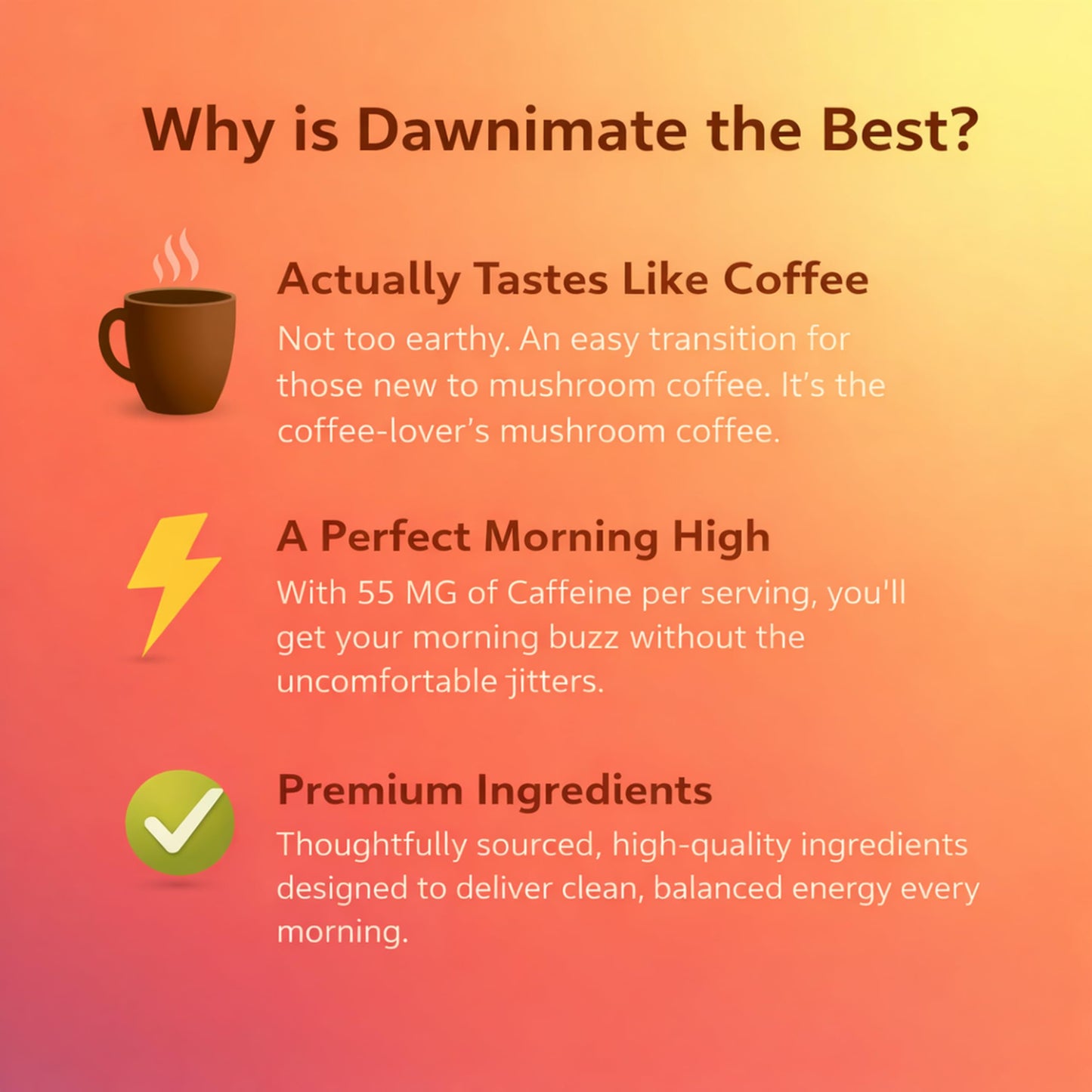 Dawnimate Mushroom Coffee - Tastes Like Coffee, Not Too Earthy & Still Healthy - Organic Power 8 Mushroom Blend - Including Lion’s Mane, Cordyceps
