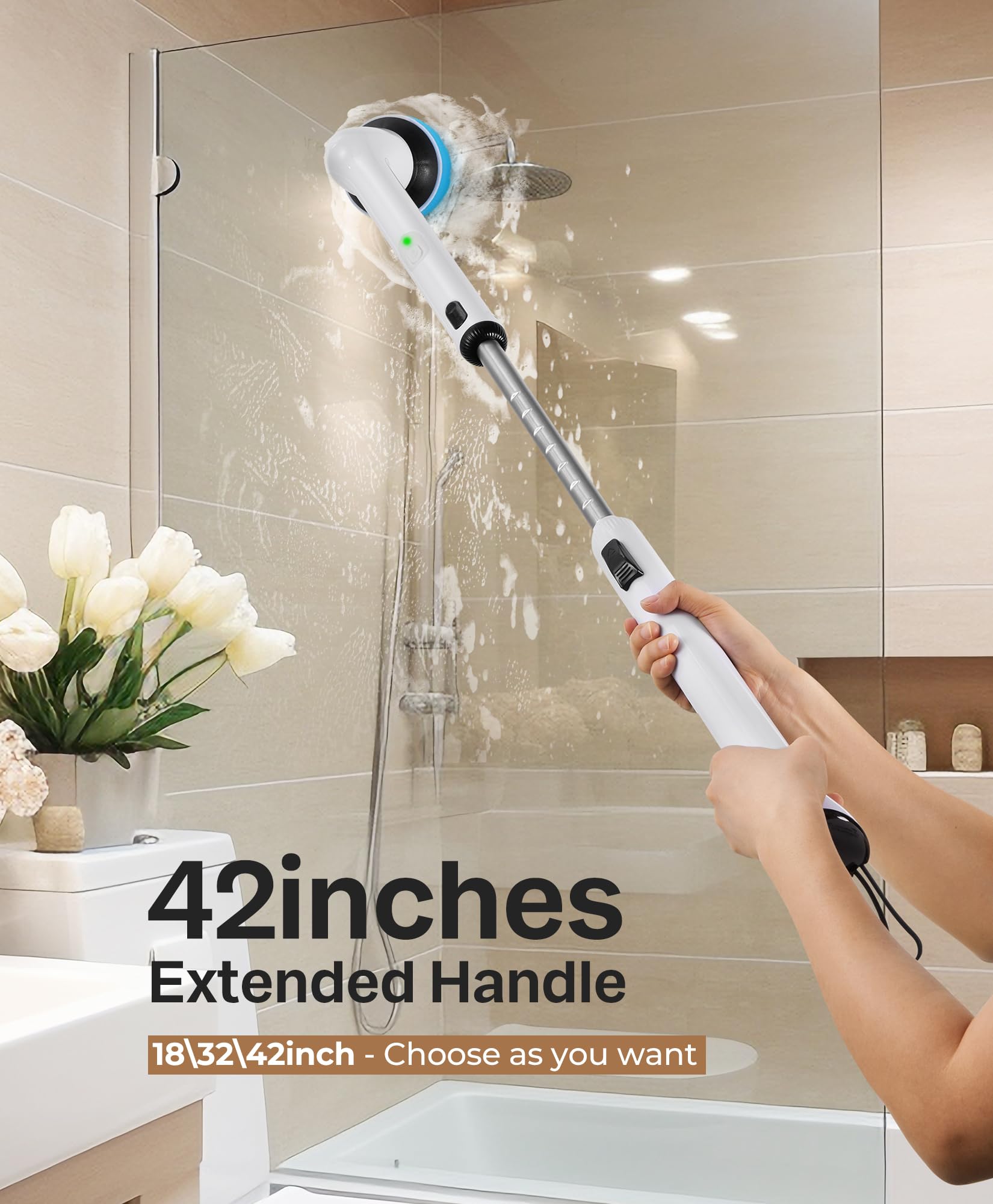 LyriFine Electric Spin Scrubber, New Full-Body IPX7 Waterproof Bathroom Cleaner Brush, Shower Scrubber with Long Handle & 2 Speed, Heads Replacement