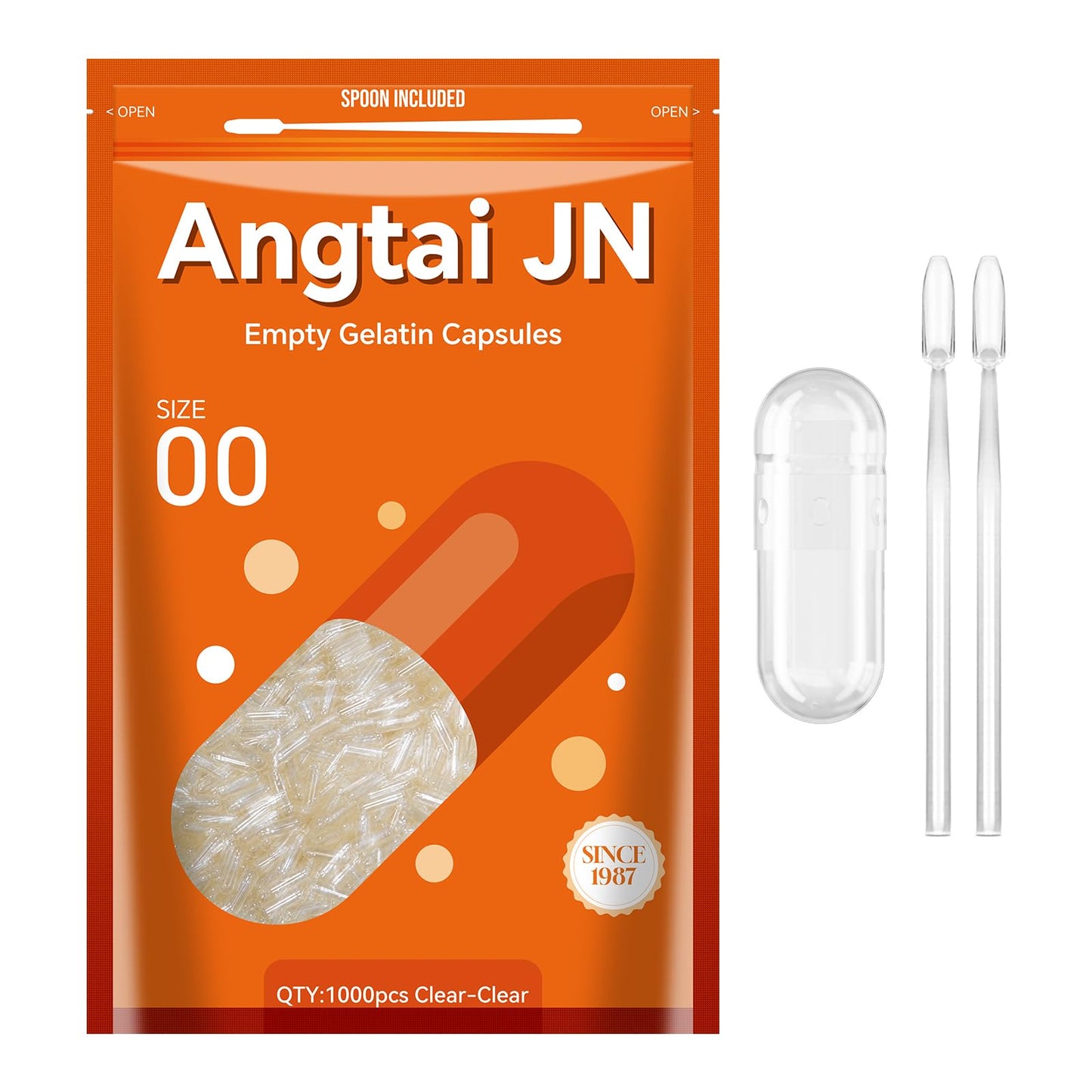 Angtai JN Gelatin Capsules Size 00 Empty Pill Gel Caps Pure Bovine Clear (1,000 Count) Gluten Free, Non-GMO, Halal Certified Filling Kit with 2 Spoons