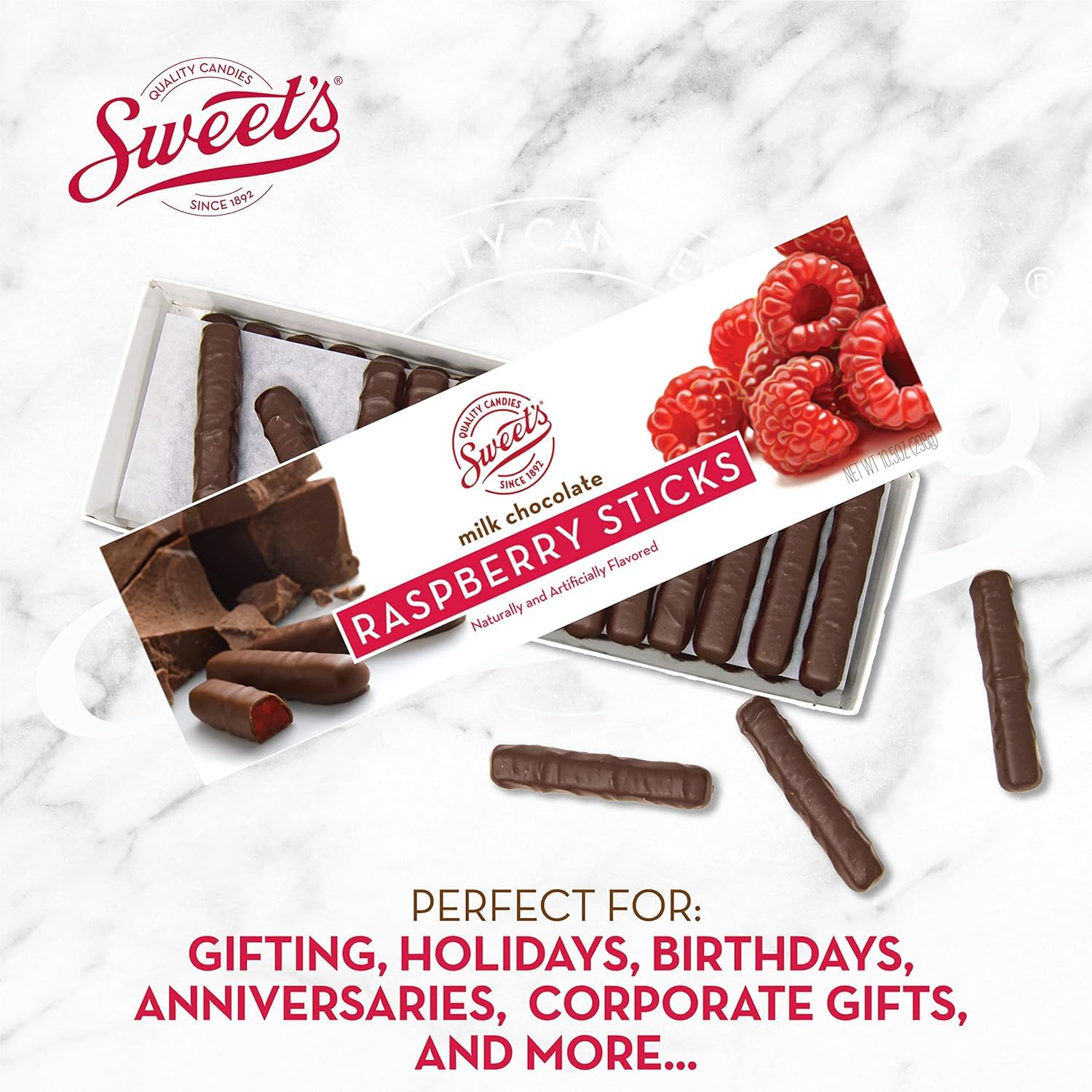 Sweet's Candy Milk Chocolate Raspberry Stick (2) and Happy Holidays Card (1) Bundle
