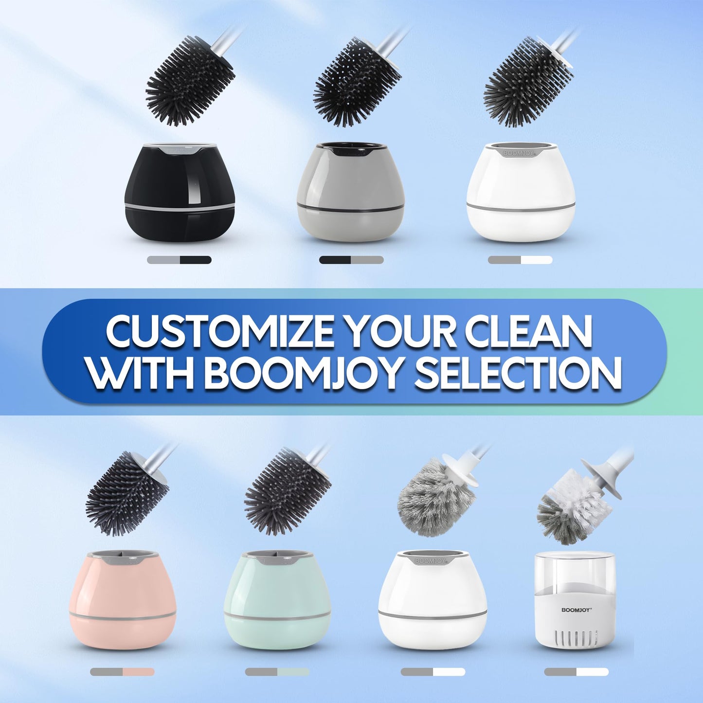 BOOMJOY Toilet Brush and Holder Set, Silicone Toilet Bowl Cleaner Brush, Bathroom Cleaning Bowl Kit with Tweezers, Bathroom Accessories with Aluminum