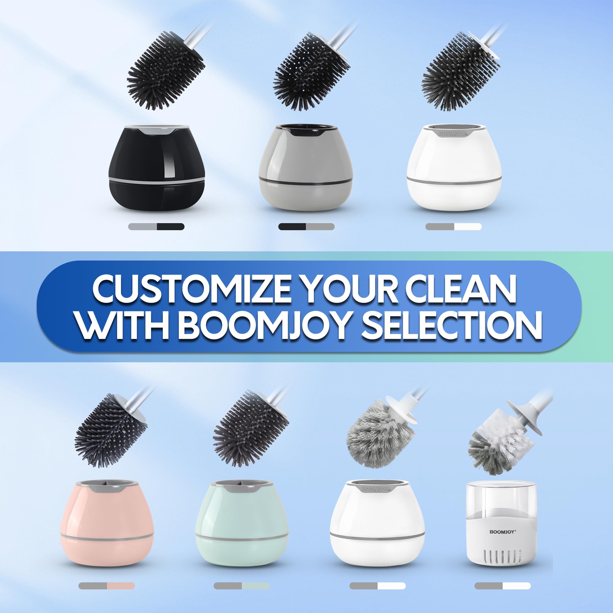 BOOMJOY Toilet Brush and Holder Set, Silicone Toilet Bowl Cleaner Brush, Bathroom Cleaning Bowl Kit with Tweezers, Bathroom Accessories with Aluminum