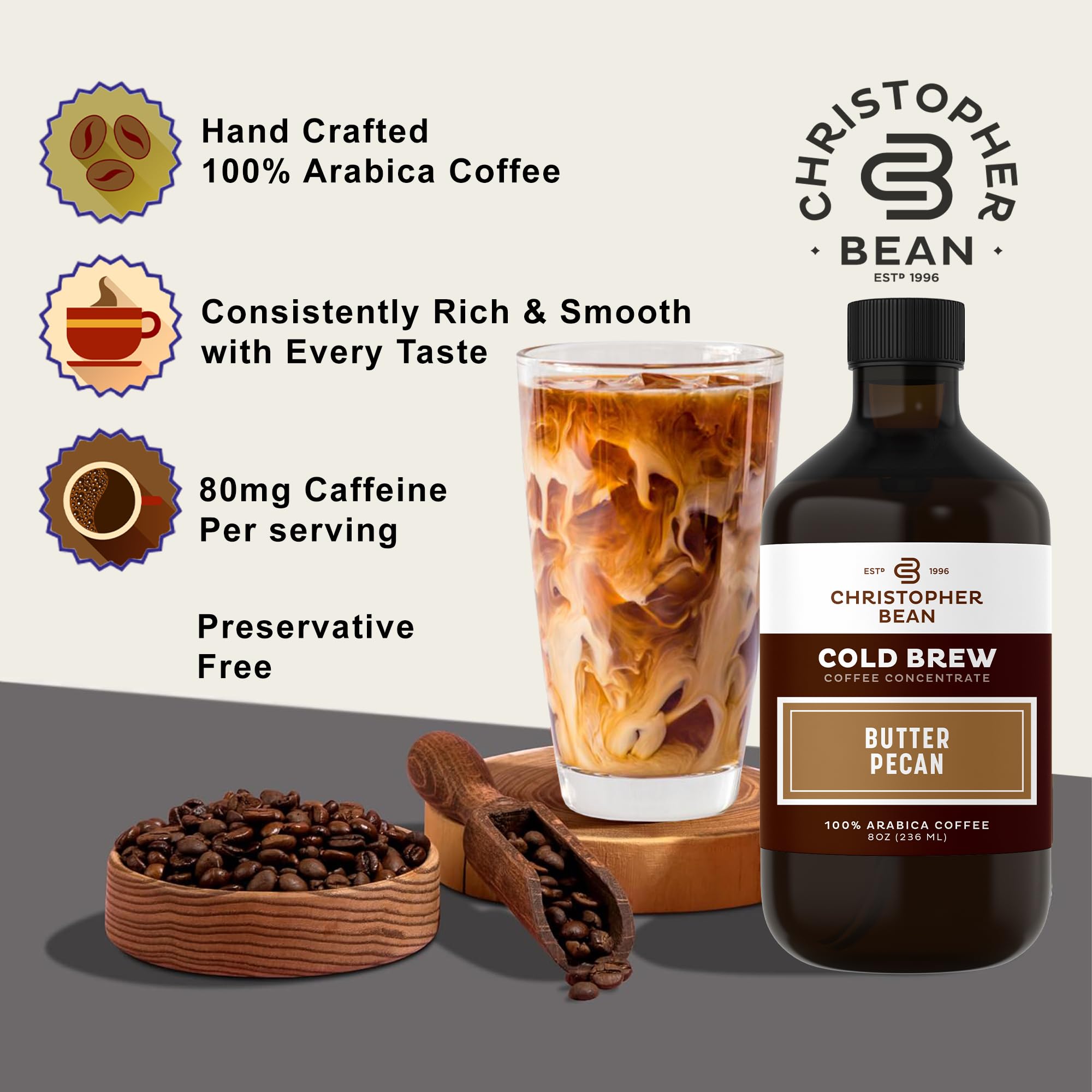Christopher Bean Hand Crafted Butter Pecan Flavored Coffee - Certified Kosher - Unsweetened Cold Brew & Iced Instant Coffee Distillate Liquid Java