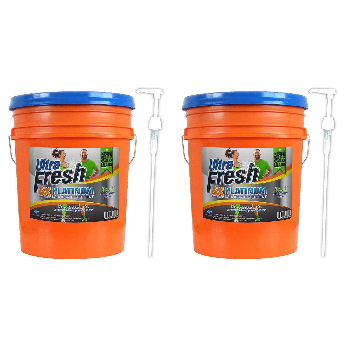 Ultra Fresh Platinum Sport 5 Gallon 6X Laundry Detergent Suitable for All Machine Type and Up to 640 Laundry Loads with Pump (2 Pack)
