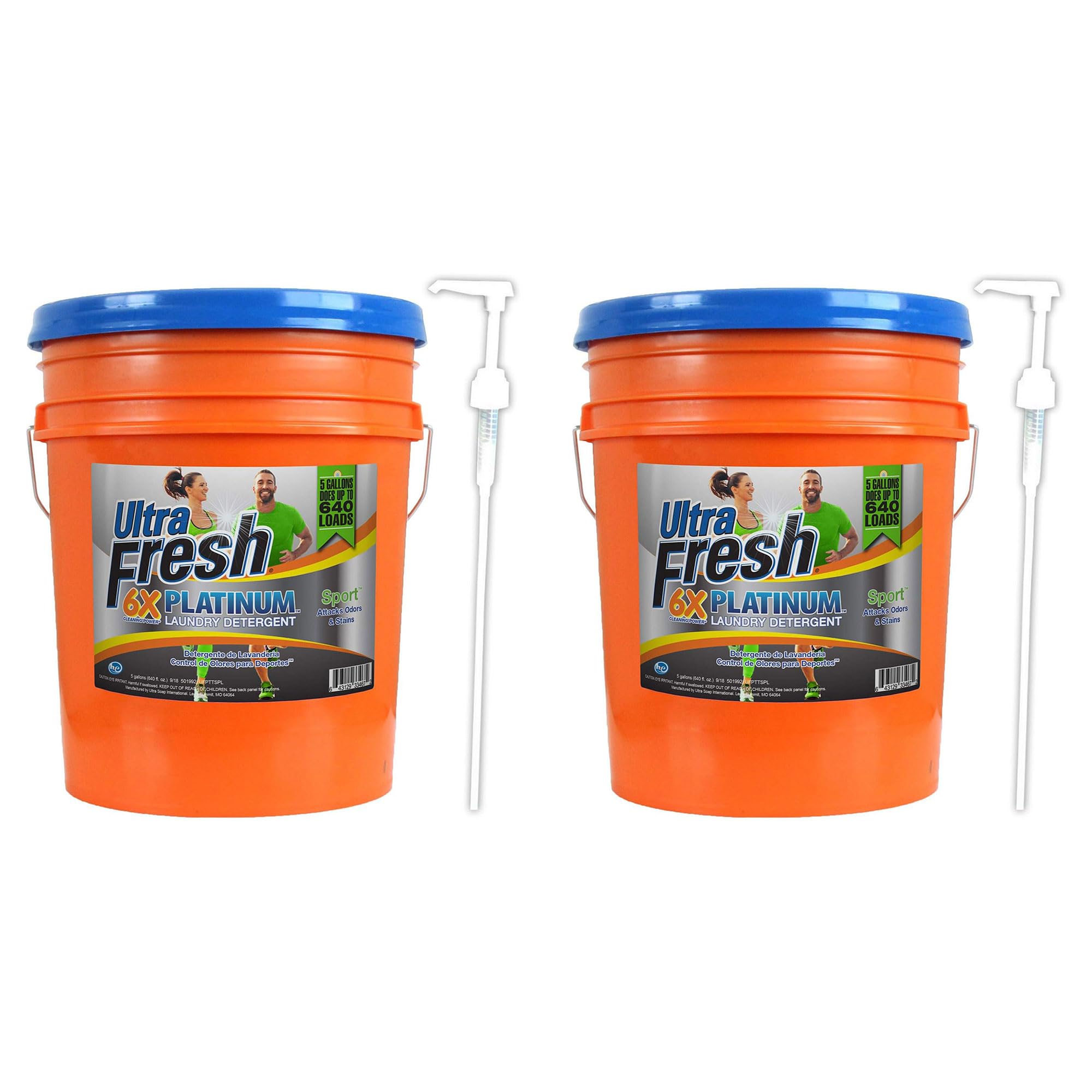 Ultra Fresh Platinum Sport 5 Gallon 6X Laundry Detergent Suitable for All Machine Type and Up to 640 Laundry Loads with Pump (2 Pack)