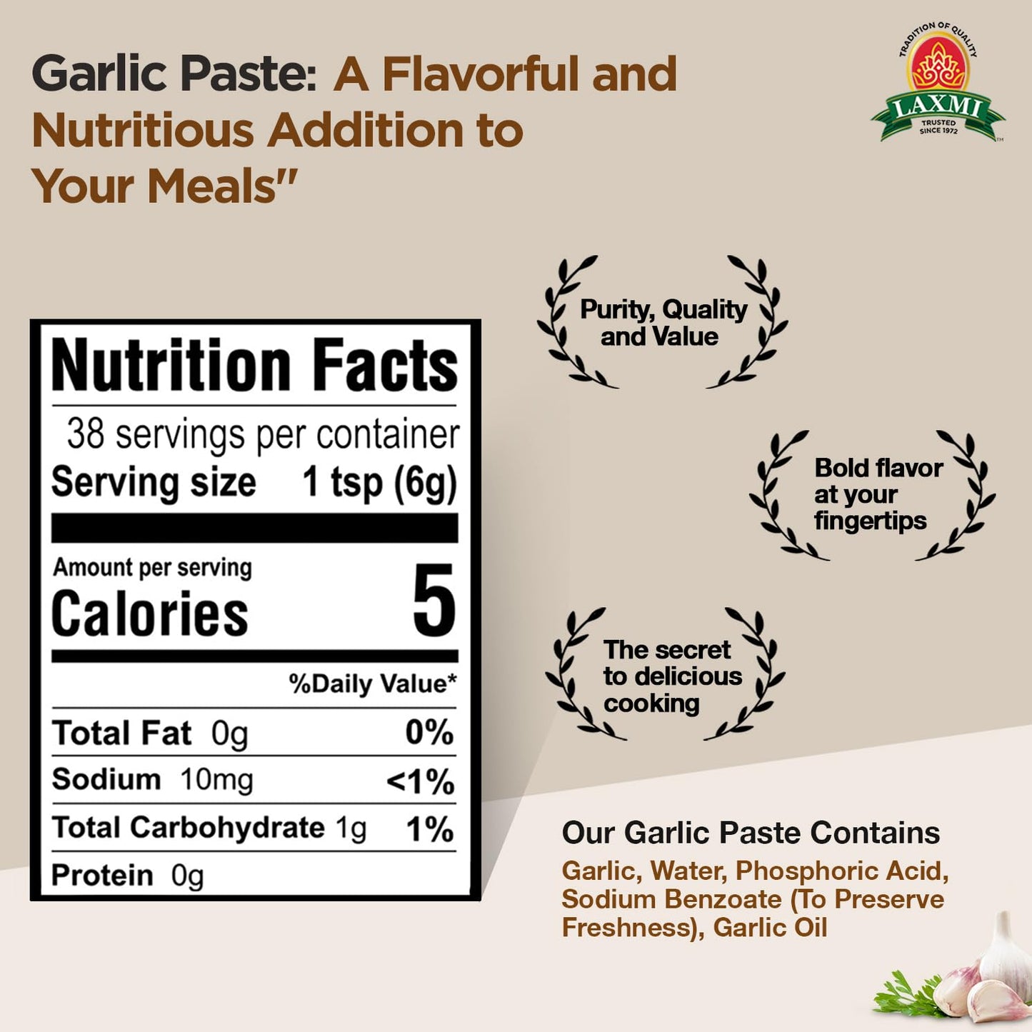 Laxmi Garlic Paste 8oz | Premium quality and pure Garlic, Ground | Vegetarian | Non-GMO certified | Ethically Sourced