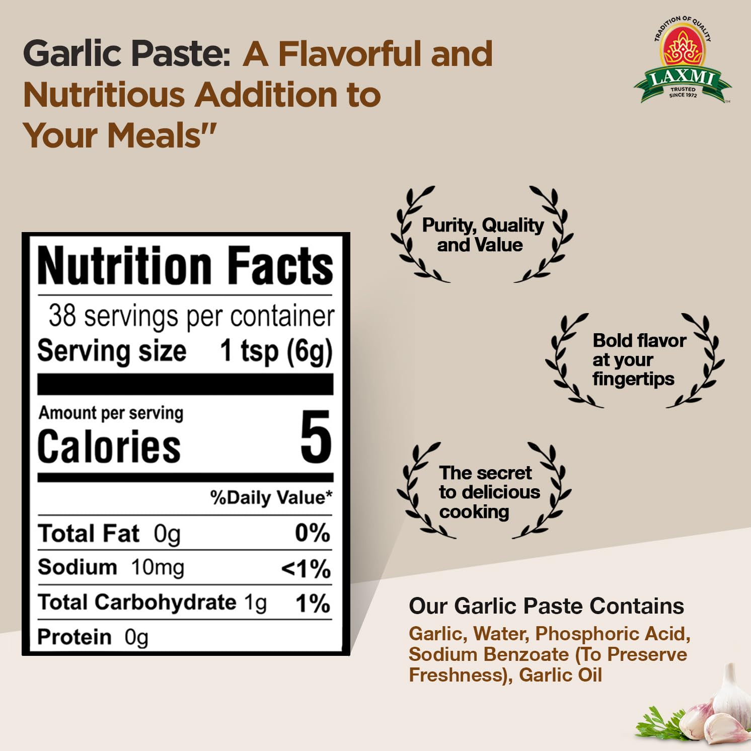 Laxmi Garlic Paste 8oz | Premium quality and pure Garlic, Ground | Vegetarian | Non-GMO certified | Ethically Sourced